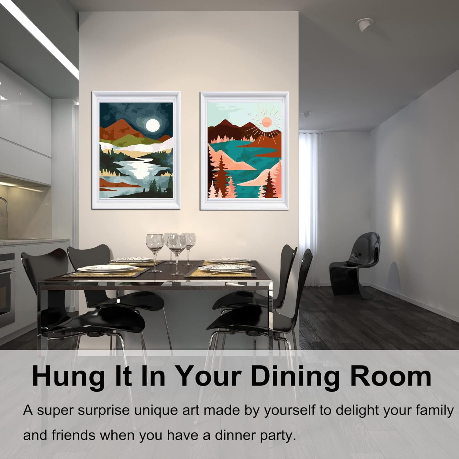 BAISITE 4 Pack Paint by Numbers Kit for Adults Beginners,12" Wx16 L Canvas Pictures Drawing Paintwork with 16 Pcs Wooden Paintbrushes,Acrylic Pigment in Gift Box,Mountains and Sun