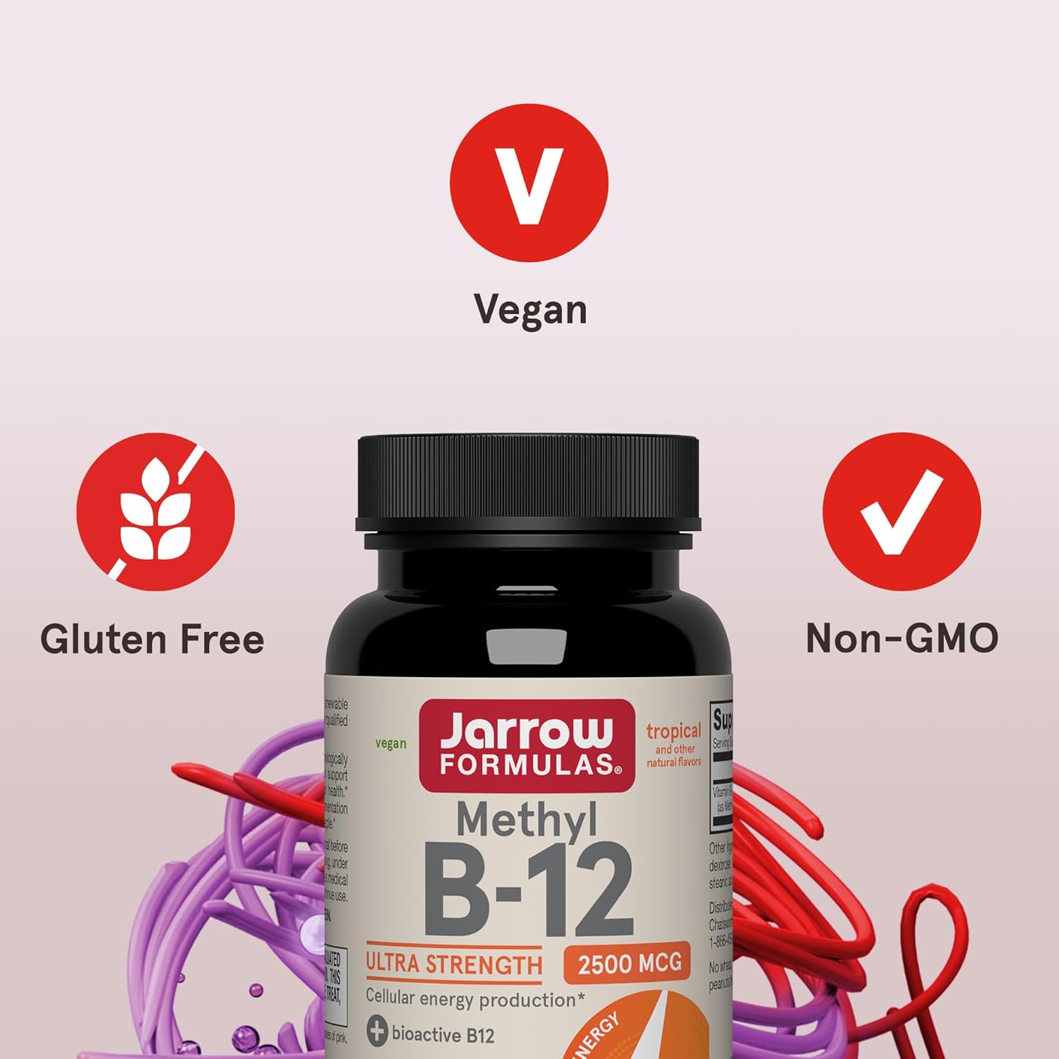 Jarrow Formulas Methyl Vitamin B12 2500 mcg, 100 Chewable Tablets, Tropical Flavored- Bioactive B12 Vitamin - Supports Cellular Energy Production, Brain Health & Metabolism - 100 Servings (Pack of 2)