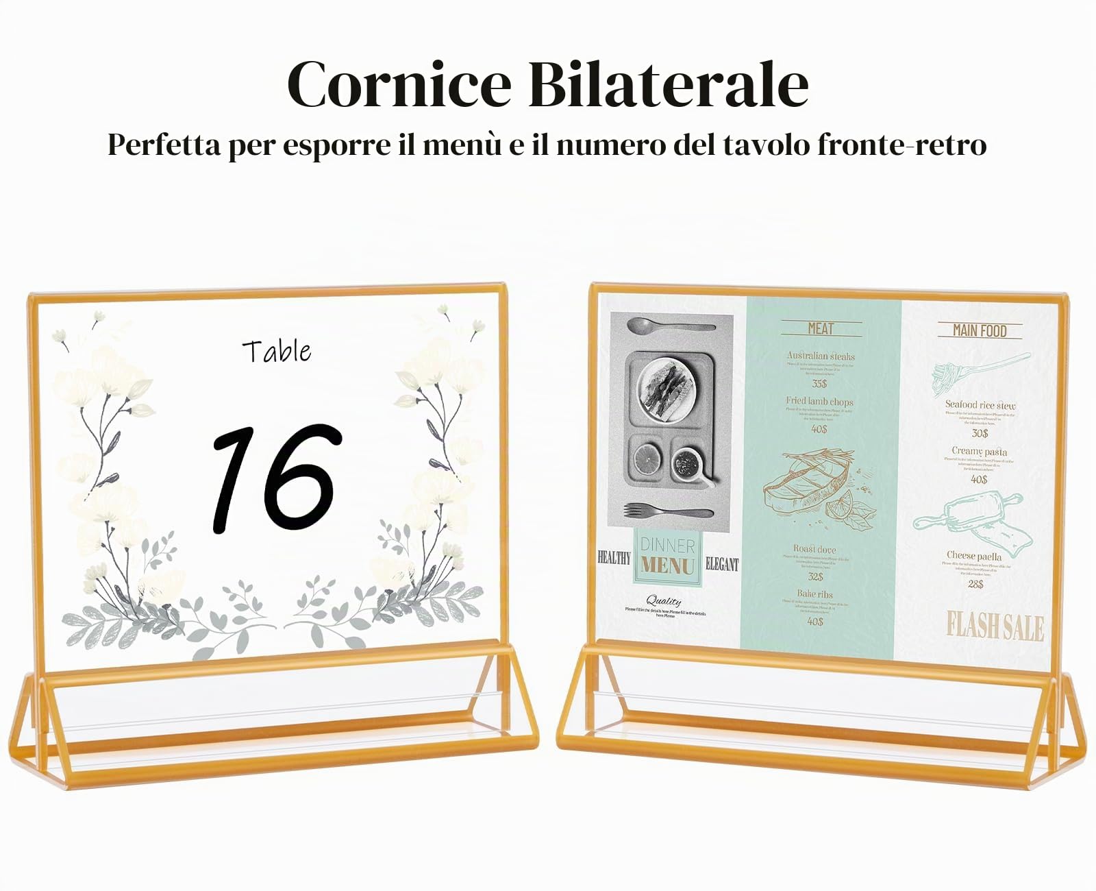 13 x 18 cm Porta del segno acrilico orizzontale con bordi dorati, menu tavolo a doppia faccia chiari con cornici per i numeri da tavolo per matrimoni, cartelli del ristorante, foto - confezione da 6