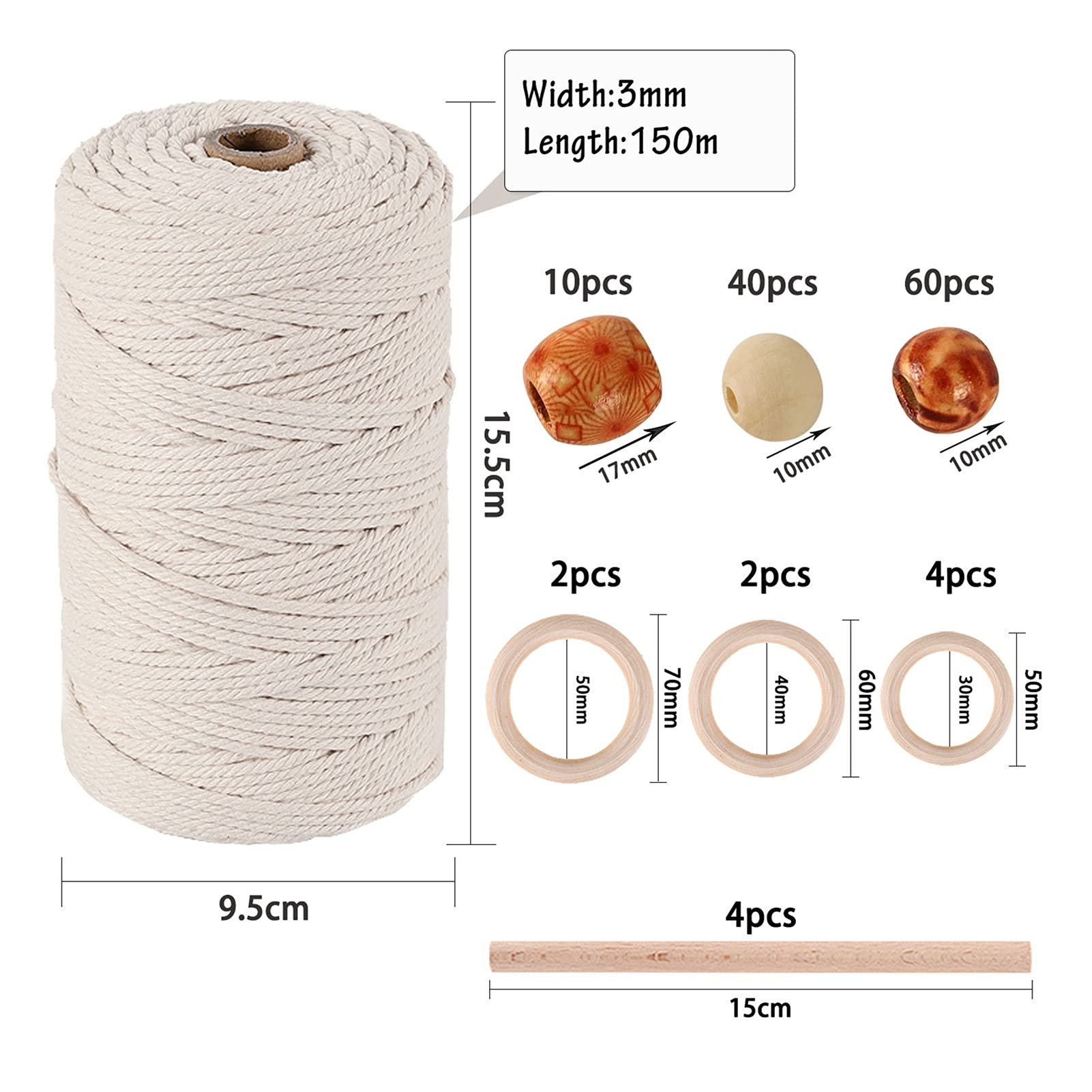 Cadena Macrame Cord 3mm x 150m y 110 Cuentas, Conjuntos de Cuentas, 100% algodón Craft String Thine for Wall Colgando Perchas de Punto para Manualidades