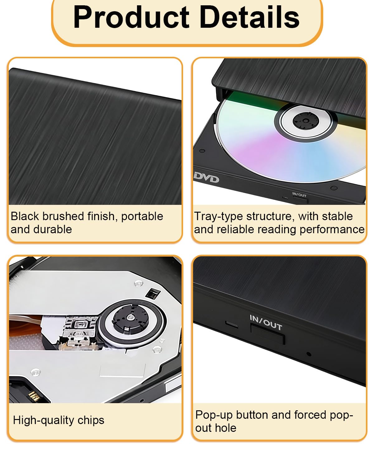 External CD DVD Drive USB Portable Tray Loading Optical Drive DVD-ROM CD-ROM Reader for Laptop Desktop All-in-One Computer Compatible with Windows and Mac OS Black Brushed Dual Cable Design — view 5