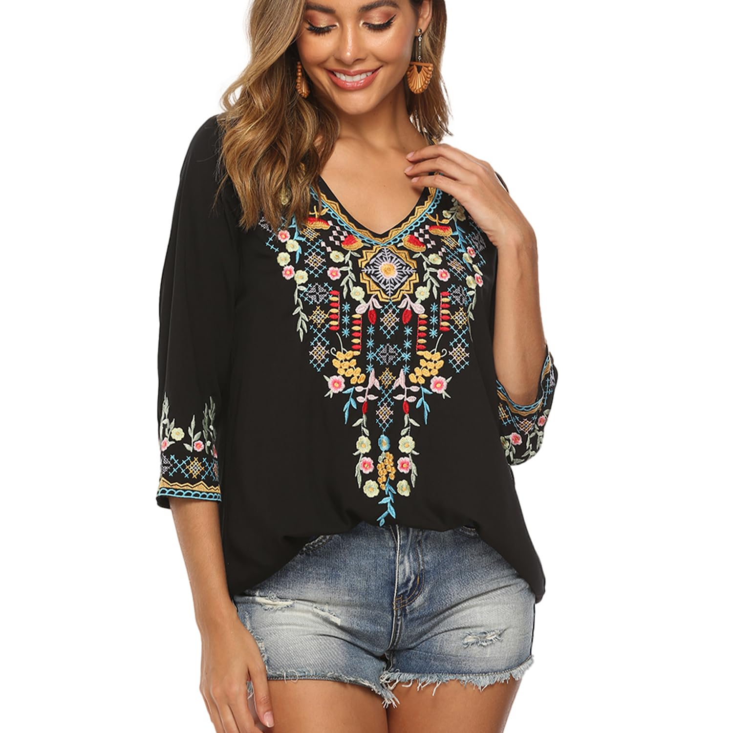 Bluse Stickerei Damen Boho Oberteile Tunika Folklore Hippie Blusen Bohemian Kleidung