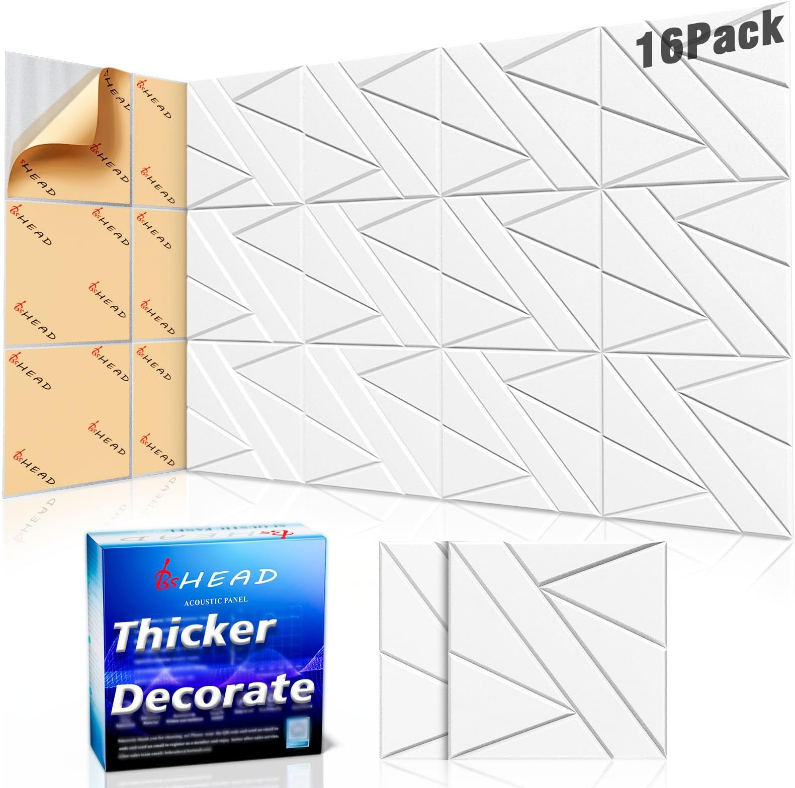 BSHEAD16 Pack Self-Adhesive Soundproof Wall Panels, 12 x 12 x 0.47 In Sound Proof Foam Panels for Walls, 1.2lb/ft³ High Density, Thicker 0.47in, Acoustic Panels, Noise Dampening Panels Studio White