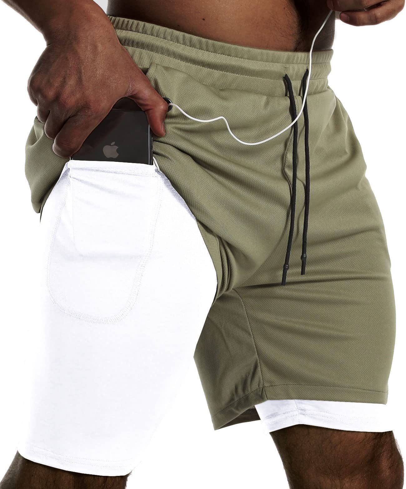 Oudrtent Mens 2 in 1 Running Shorts 7inch Quick Dry Workout Gym Shorts with Zipper Pockets