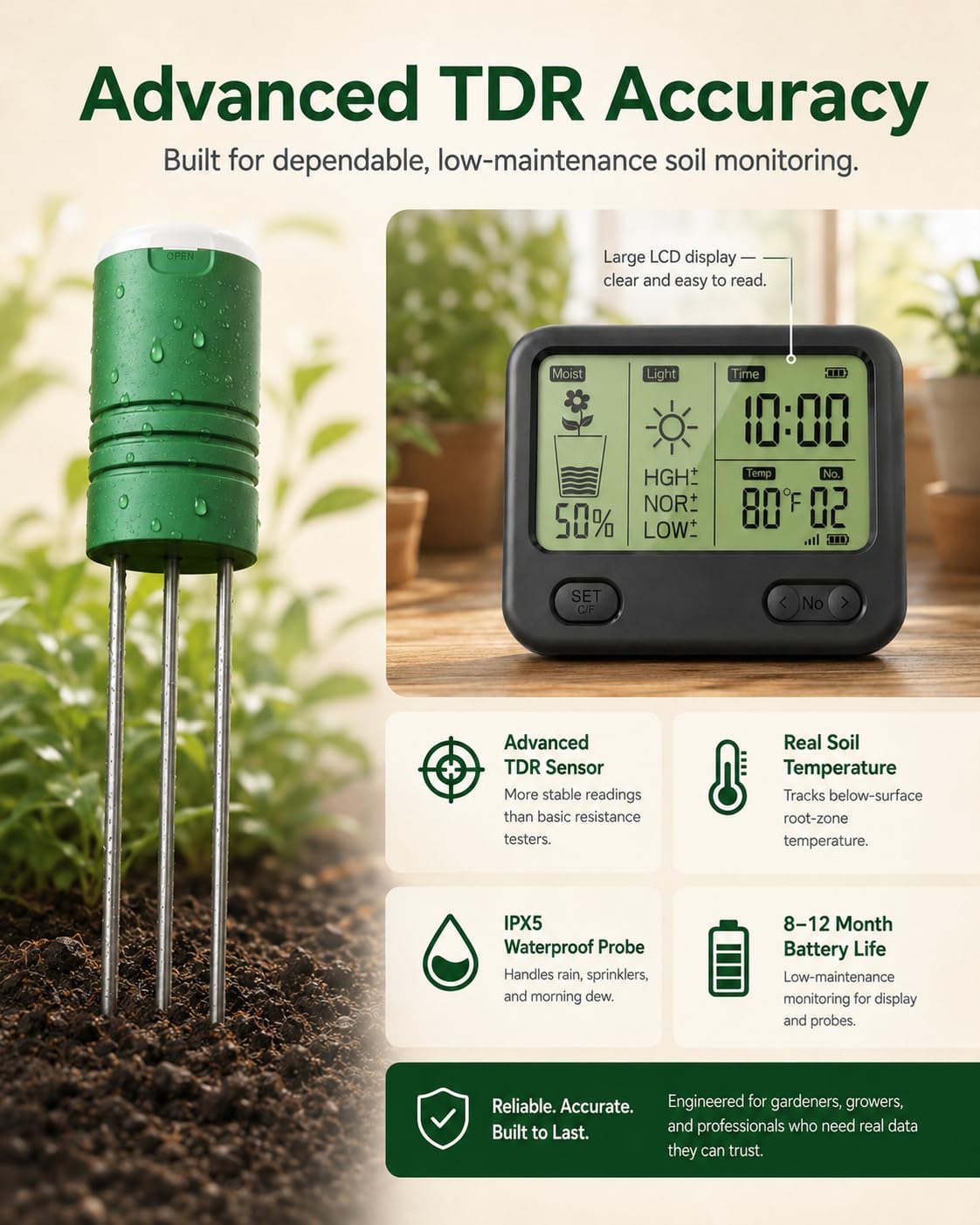 Pflanzenboden-Feuchtigkeitsmesser mit 70 m RF kabellos, wasserdicht und LCD-Display für Feuchtigkeit, Temperatur, Sonnenlicht, Zeit, ideal für Garten, Bauernhof, Rasenpflege im Freien (4-in-1