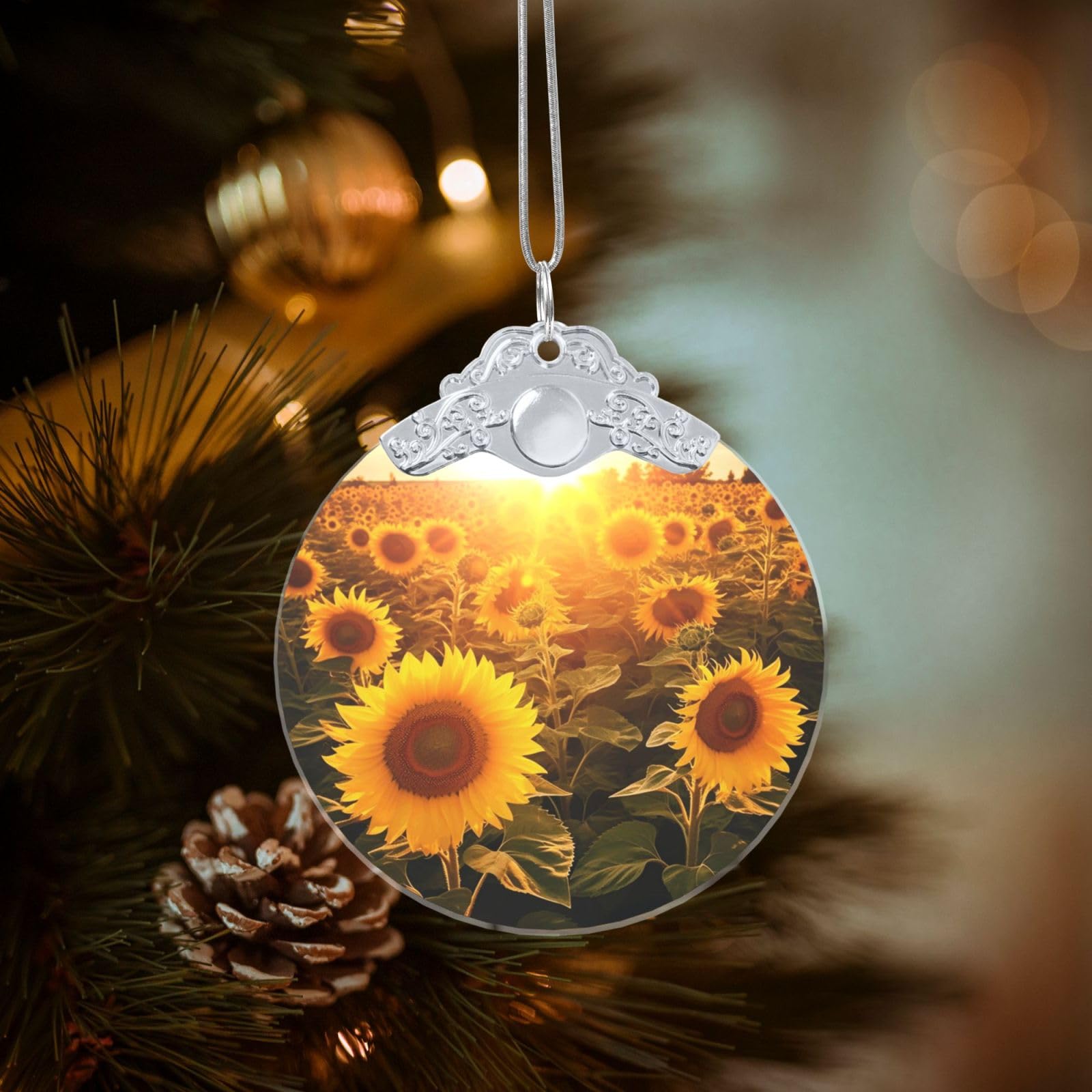 Crystal Christmas Ornaments for Christmas Tree Decoration Hanging Sunshine Sunflower Field Ornament with Gold Ribbon Crafts Round Pendant for Keepsake Gifts Glass Xmas Decor Party Supplies