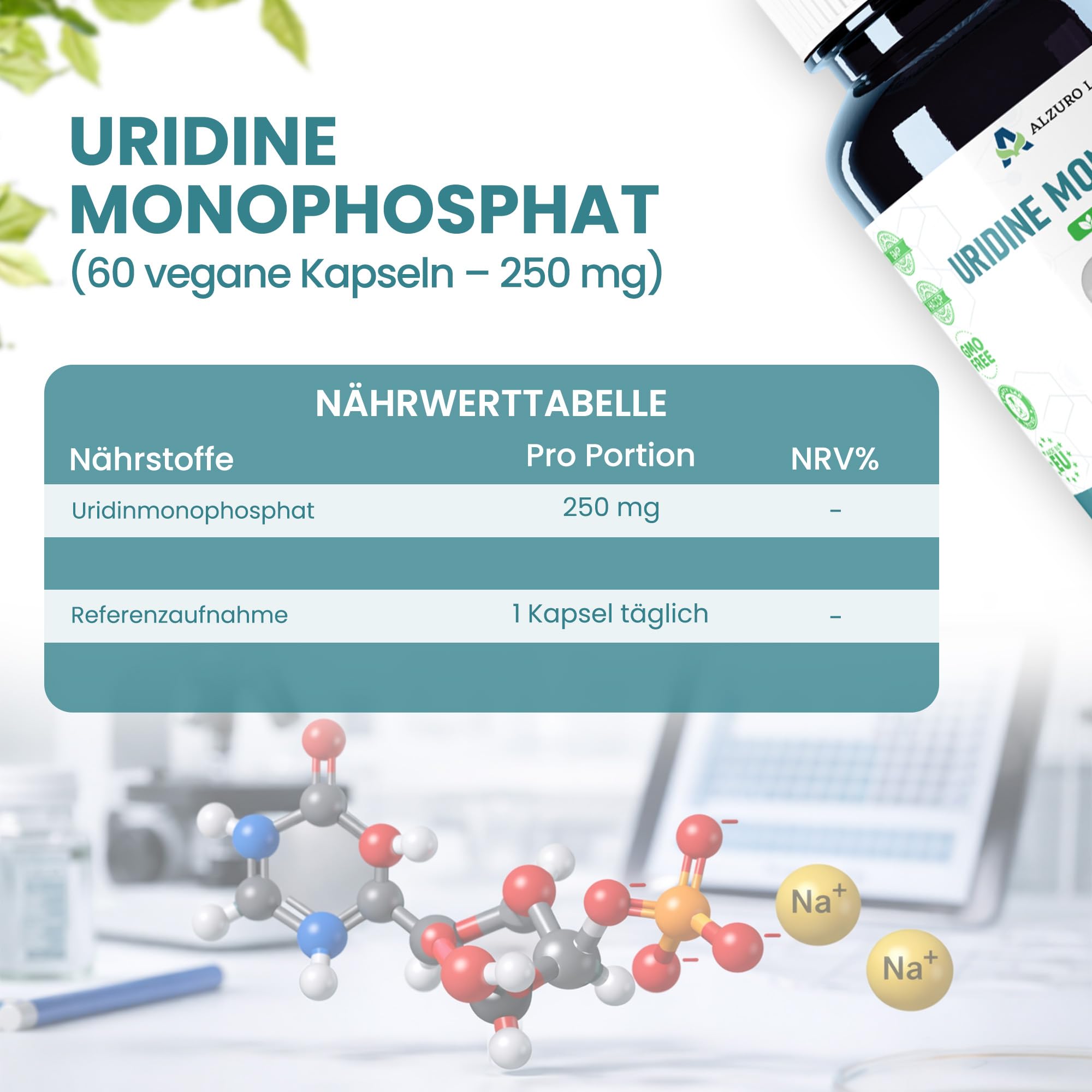 Uridinmonophosphat | 250 mg | Hochdosiert, ein Inhaltsstoff | 60 vegane Kapseln | 2-Monats-Vorrat | Uridine Monophosphate | GMP & Laborgeprüft