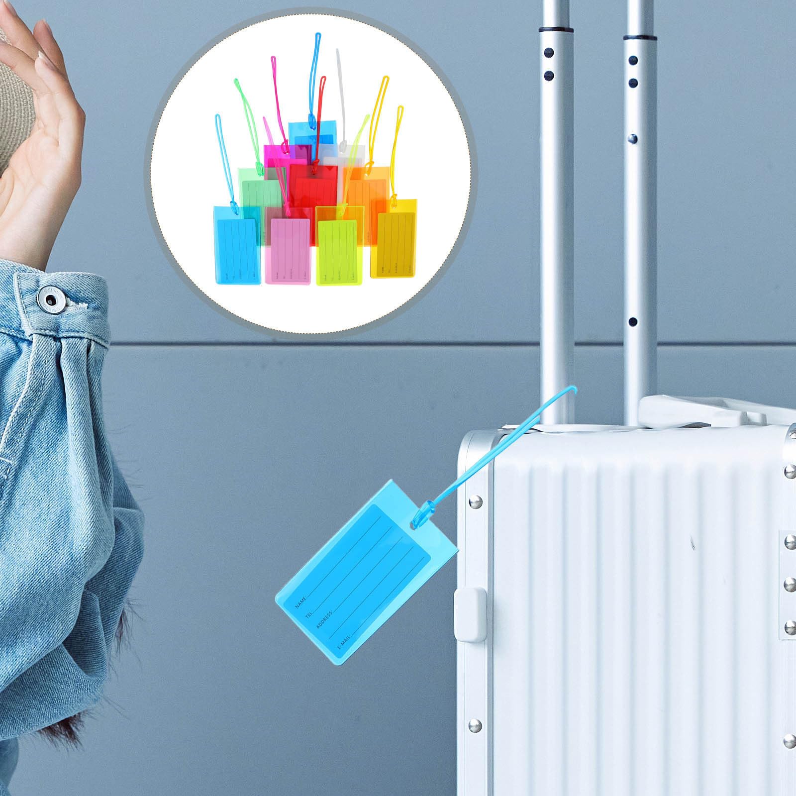 POPETPOP Set 100 Etichette per Valigia in Pvc Colorato con Inserto Morbido, Scrivibili e Resistenti per Identificazione Bagagli in Viaggio e Check-in Aeroportuale