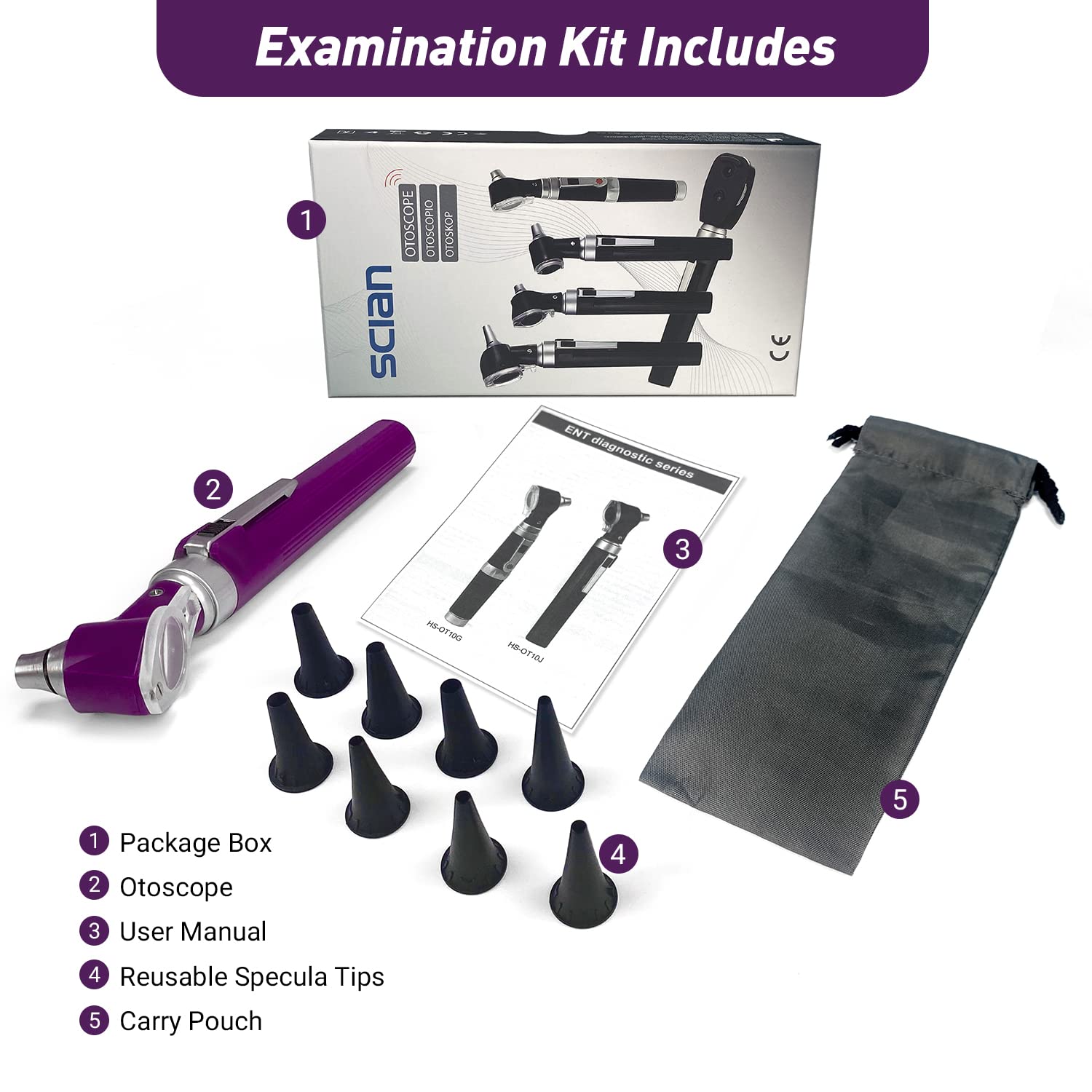 SCIAN Otoscope Oreille, mini outil de soins de l'oreille diagnostique de poche 3x plus grand 8 conseils miroirs pour enfants adultes (violette)