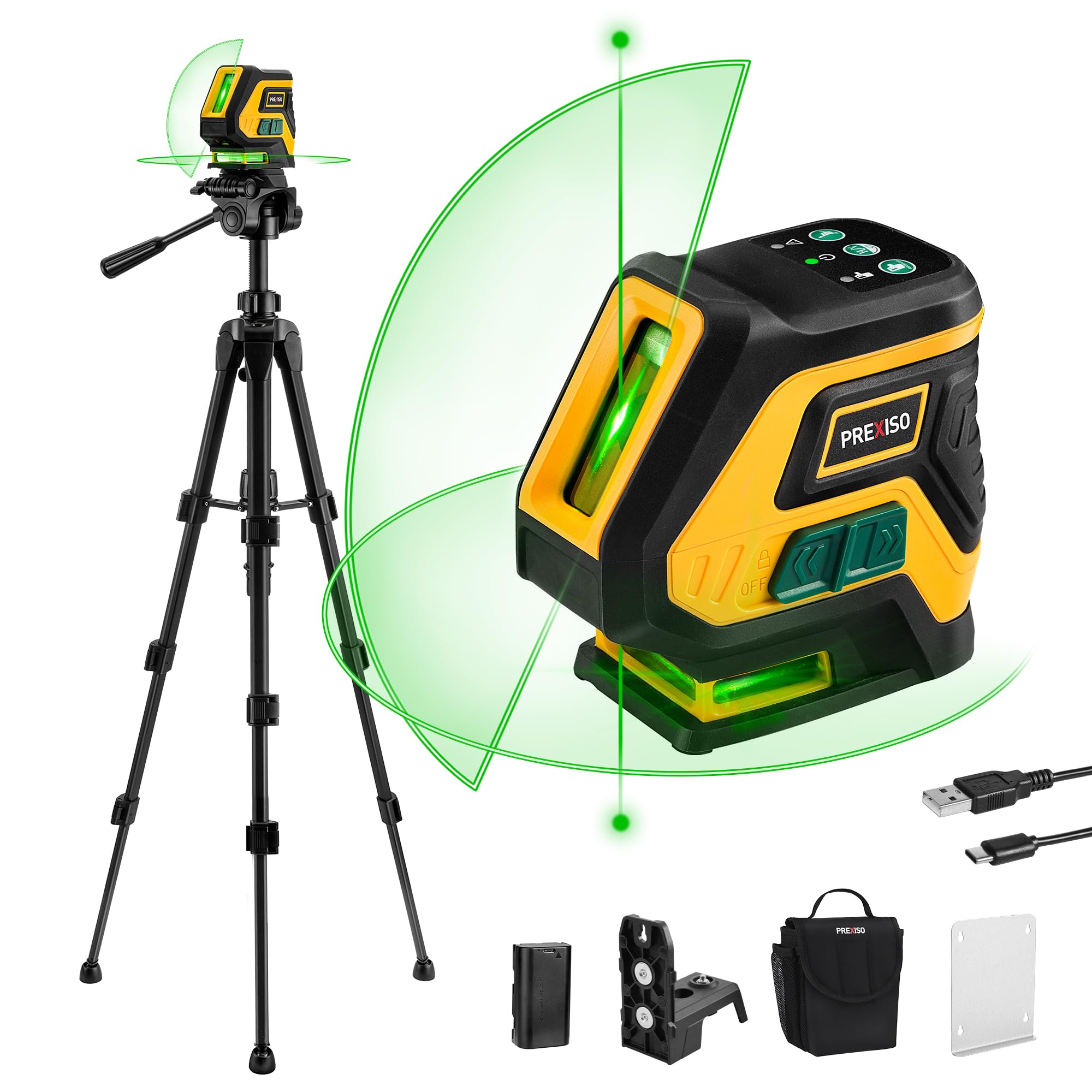 PREXISO Laser Level with Tripod, Wide Angle Laser Level Self Leveling - 100Ft Green Cross Laser Line Tool for Construction, Ceiling Alignment, Floor Tile