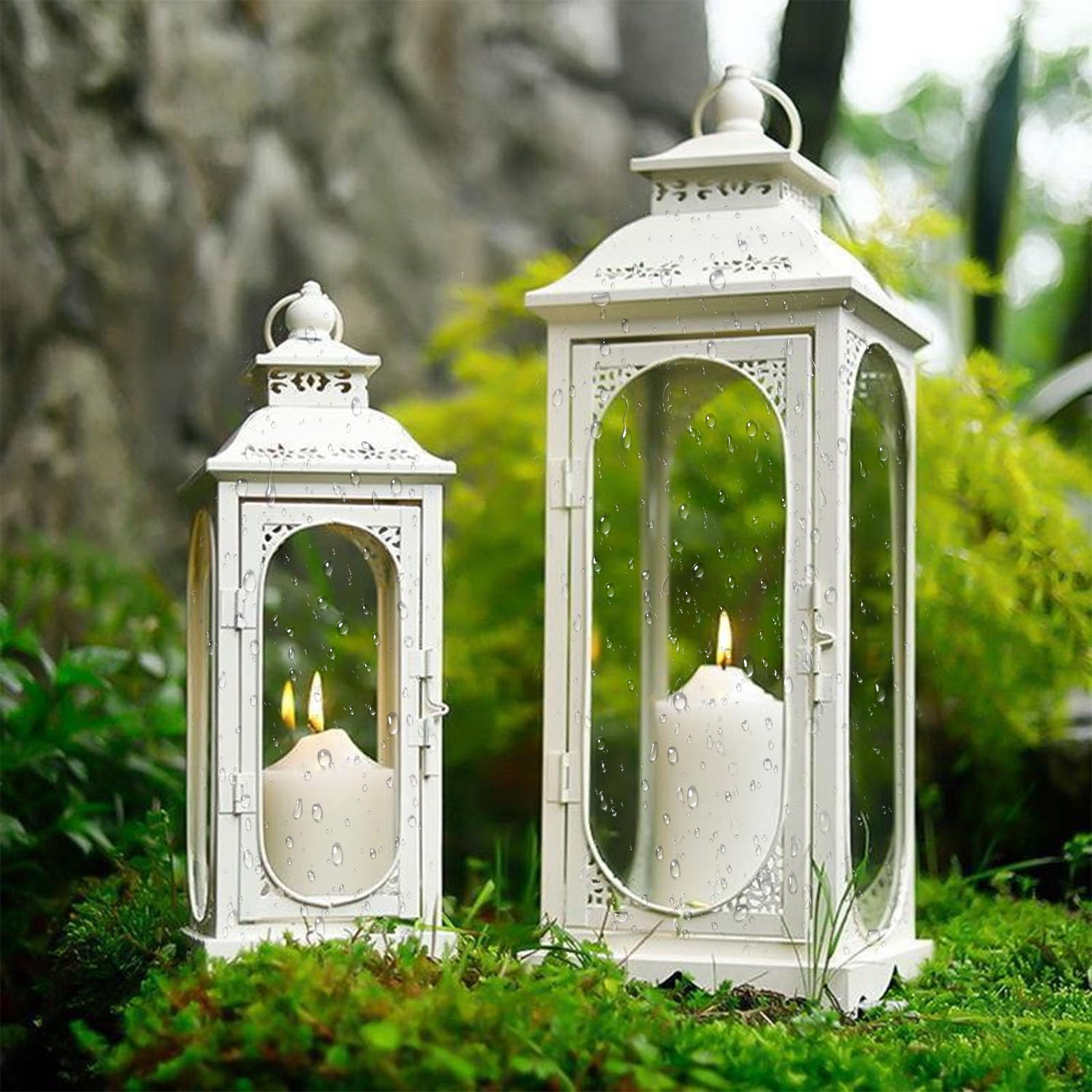 Juego de 2 linternas, metal blanco, linternas decorativas para interiores y exteriores | Lámpara de jardín retro de 34/50 cm, luz de viento, decoración del hogar, Navidad, Halloween, vela