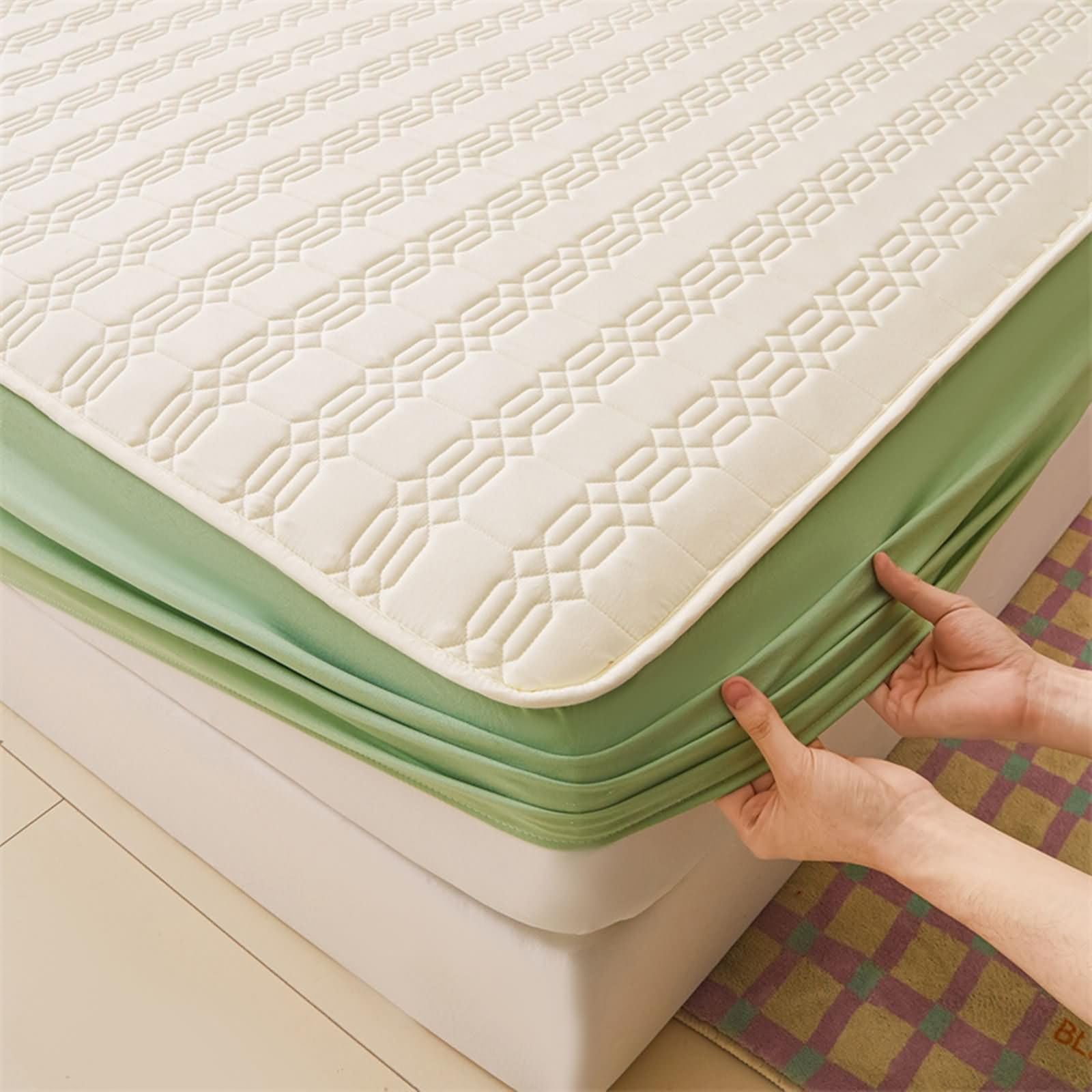 Sábana Bajera 200x220cm con 2 Fundas de Almohada 48x74cm - hasta 30cm - Beige Blanco Verde - Algodón - Sabanas Matrimonio Color Sólido