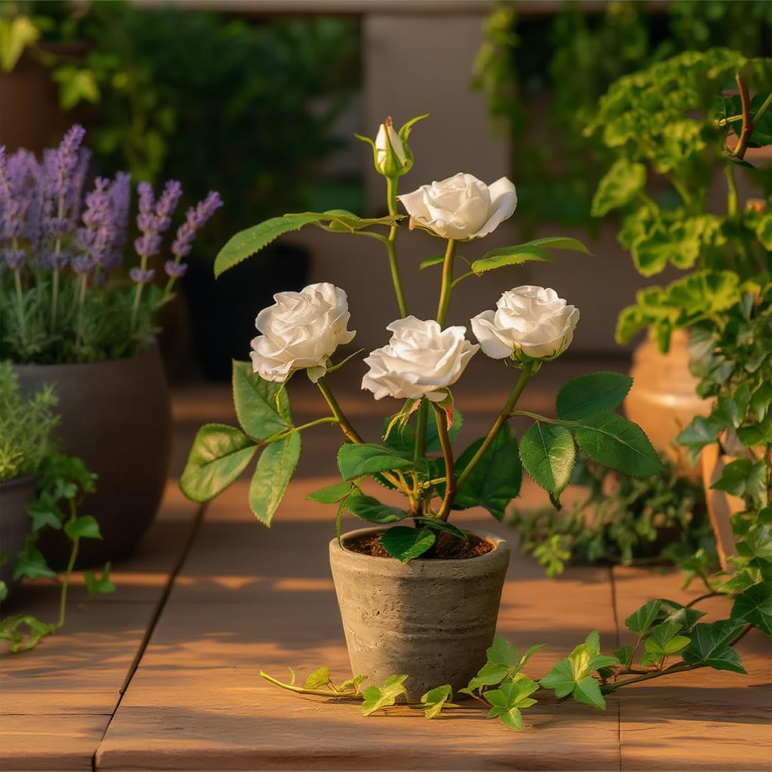 Rose in Pot Decor Potted Artificial Flowers Mini Plants Faux Flowers Indoor Small Decor Fake Roses for Home, Bathroom, Kitchen, Offices, Wedding Party Centerpieces (Rose White)