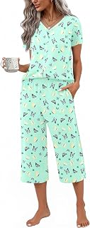 Ekouaer Women's Pajama Sets Short Sleeve Sleepwear Button Up Pj Loungewear Top and Capri Pants with Pockets