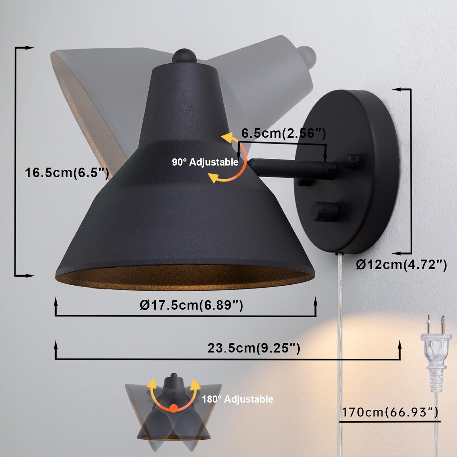 Yosoan Plug in Wall Sconce with Dimmer Switch, Brass Indoor Modern Adjustable Light Angle Wall Light Lamp with 6.89" Bowl Metal Shade Reading Lighting for Living Room Bedroom Painting Hallway(Black)