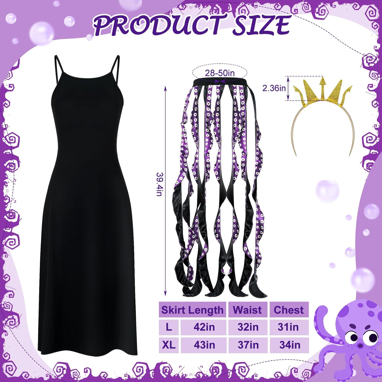 3 Pcs Women Octopus Costume Black Purple Octopus Dress Long Tentacles Gold Crown Undersea Witch for Halloween - Image 2