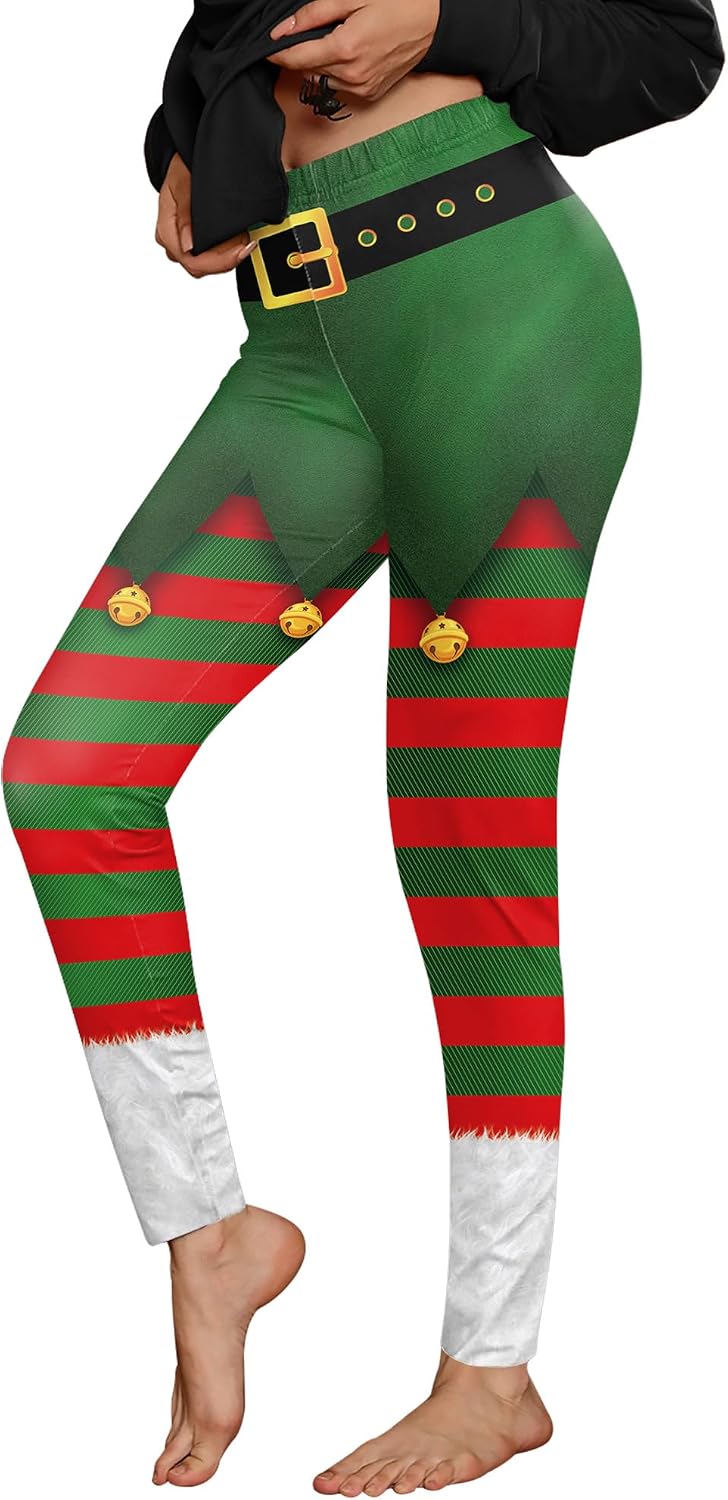 For G and PL Women Christmas Ugly 3D Print Leggings Holidays High Waisted Stretchy Elf Tights Red & Green Stripes Green S