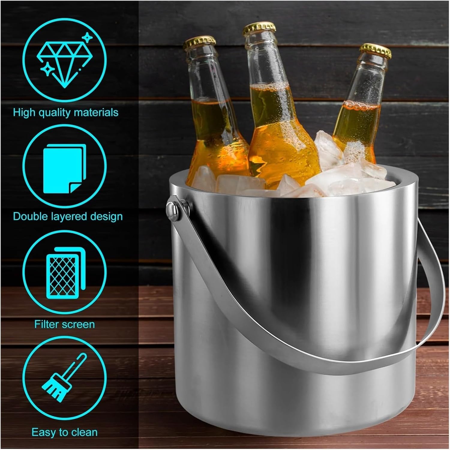 Double Wall Stainless Steel Ice Bucket with Lid, Strainer & Tongs, 3L Insulated Ice Container for Cocktails, Bars, Parties – Silver