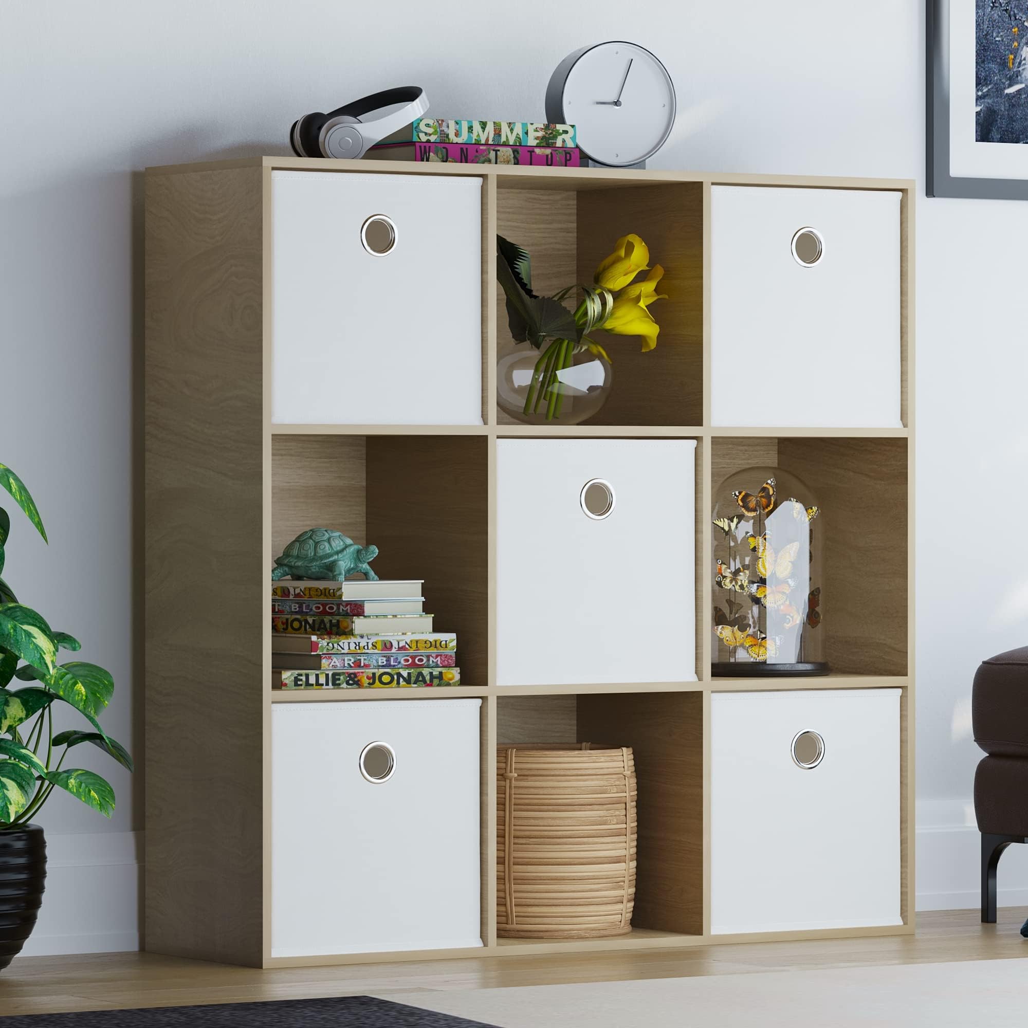 Durham 9 tier cube bookcase with white baskets