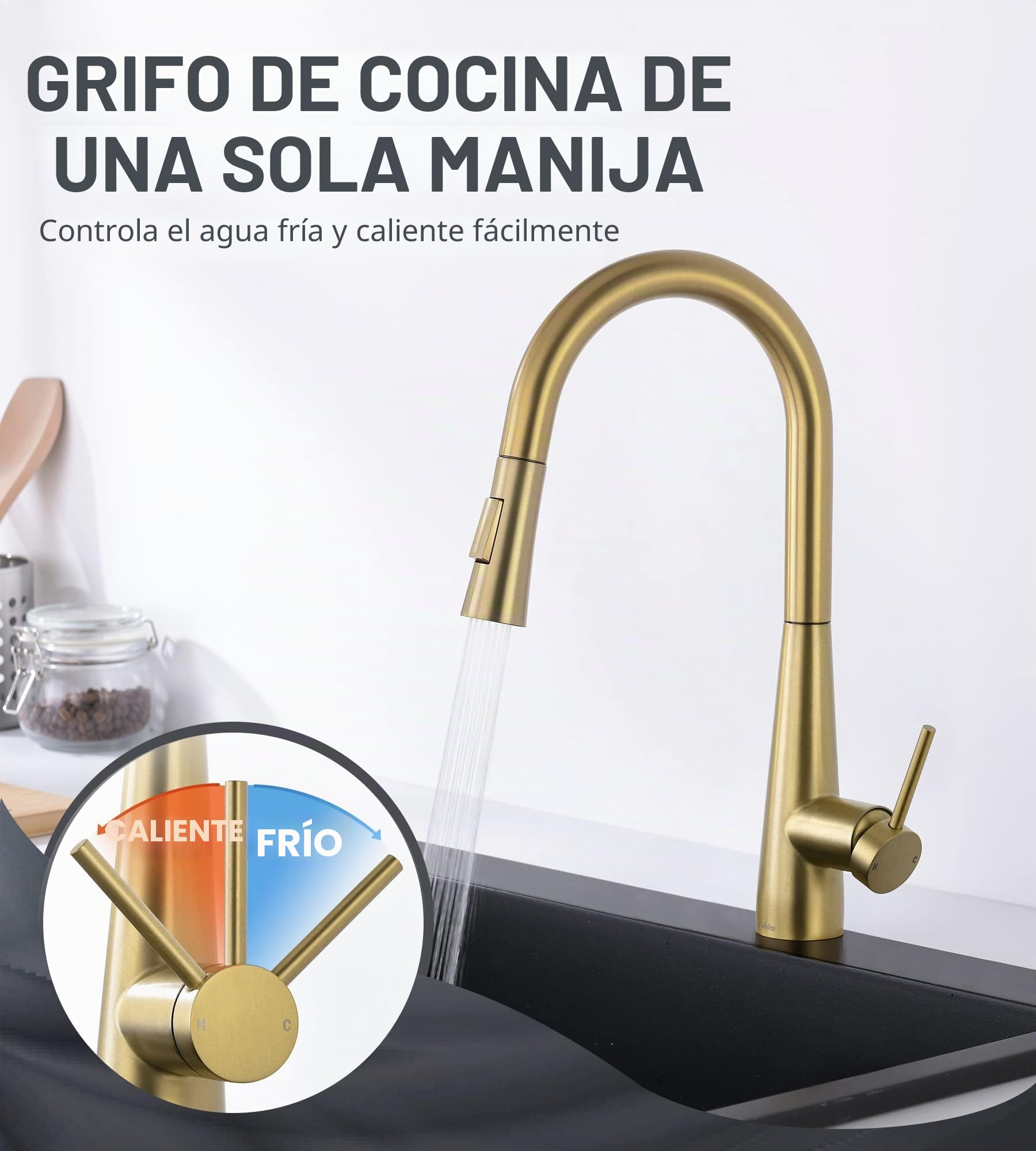 Tohlar Grifo de cocina dorado con rociador extraíble, grifo mezclador de acero inoxidable en acabado dorado cepillado