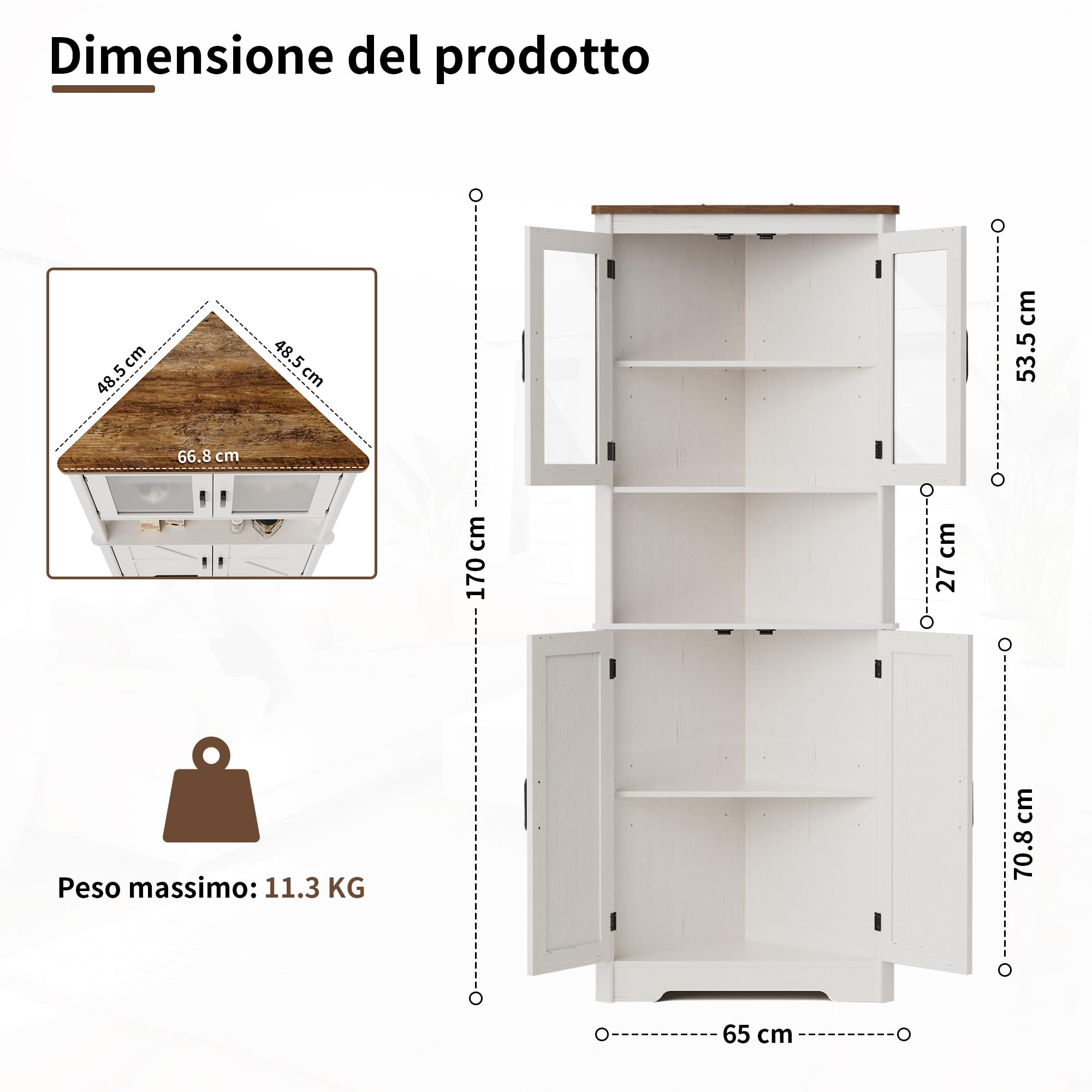 BonVache Armadio ad angolo alto e stretto con 2 porte e 5 ripiani - Mobile per la cucina, camera da letto, soggiorno - Mensola ad angolo da 170 cm - Bianco