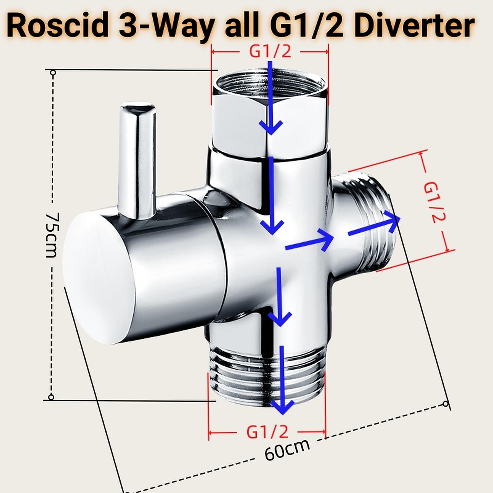 Roscid 3 Way Shower Diverter Valve, Solid Brass Shower Sink Valve Diverter Faucet Splitter for Kitchen or Bathroom - Image 2