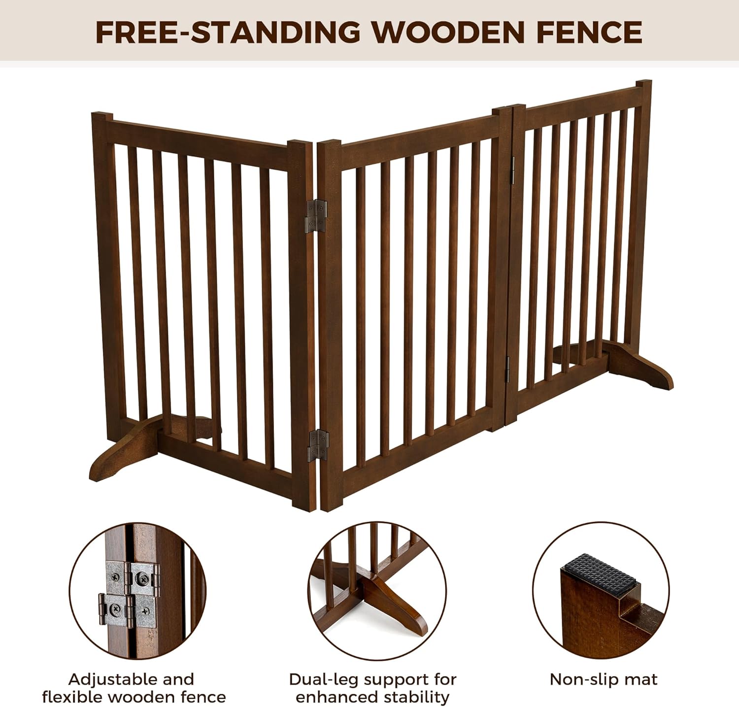 Indoor Dog Gate,Wooden Freestanding Dog Gate for Stairs or Doorways-3 Panels 24" - Folding Solid Wood Safety Pet Fence with 2 Support Feet-Walnut Color