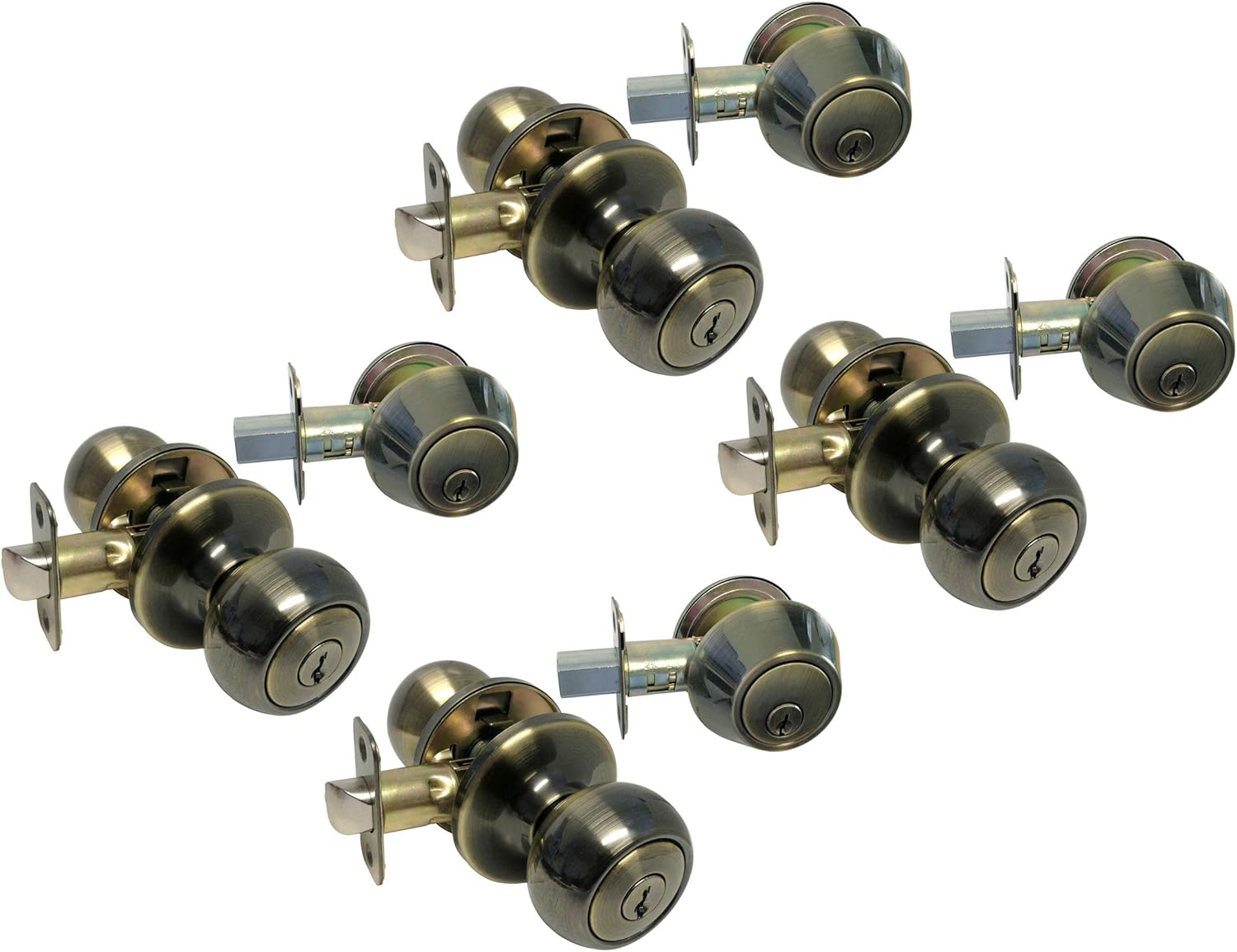 eBuilderDirect 3 Sets Antique Brass Entry Entrance Round Knob with Matching Single Cylinder Deadbolt Combo Pack Keyed Alike 5765AB