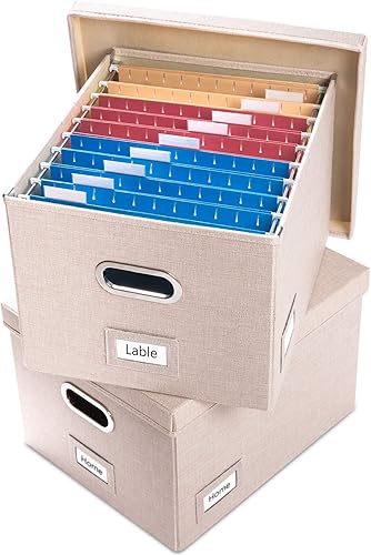 Prandom Caja organizadora de archivos, juego de 2 carpetas plegables decorativas de lino para almacenamiento de archivos colgantes con tapas,