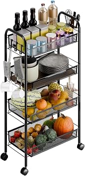 Snack Cart with Wheels Fruit Vegetable Basket Storage Cart 4 Tier Stackable Metal Basket with 360 Degree Wheels 41 Inch High Kitchen Storage Pantry Bathroom Black 4-Layers