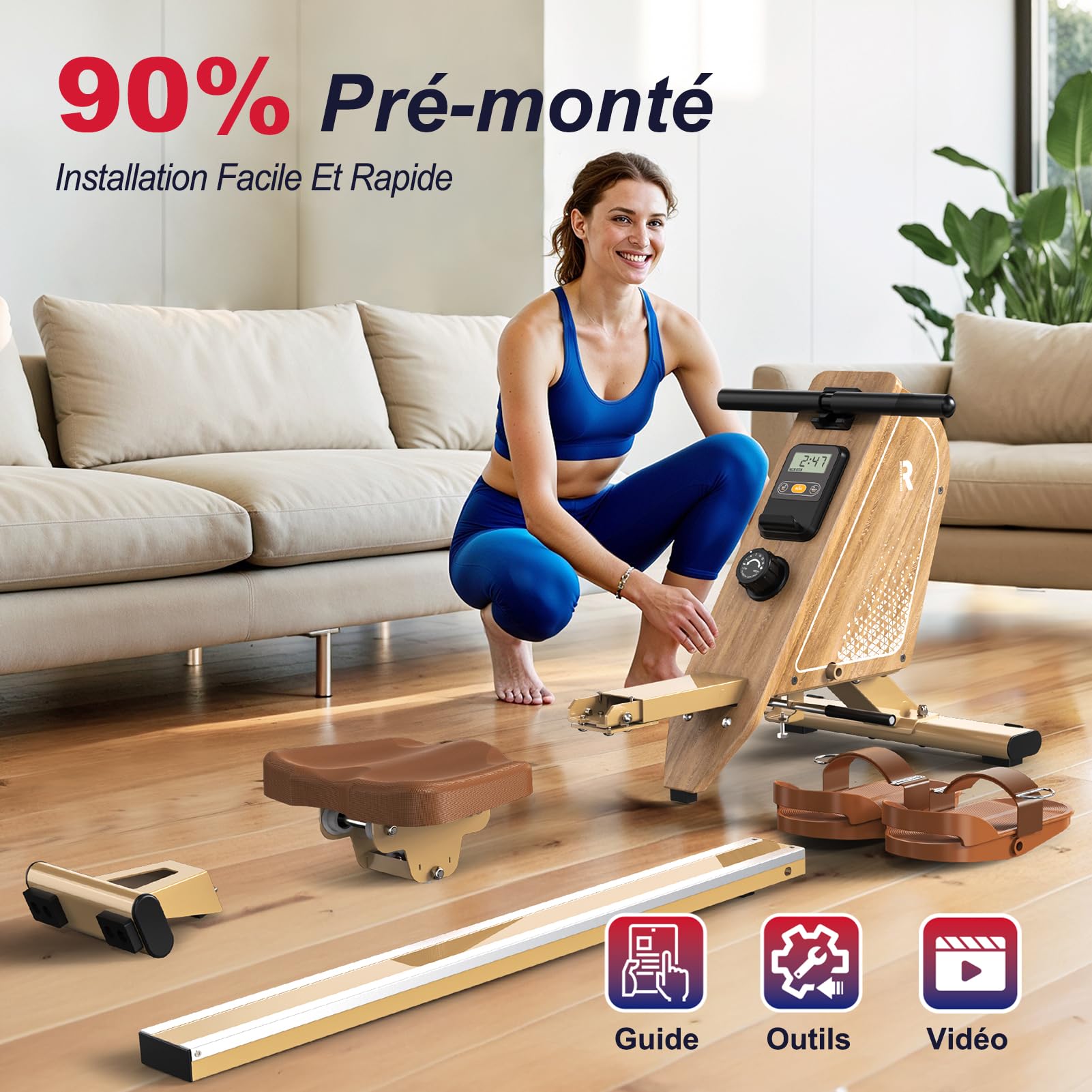 Rameur pour la maison OR3, rameur magnétique avec moniteur Bluetooth, 16 niveaux de résistance, rameur compact avec capacité de charge de 150 kg, rangement vertical