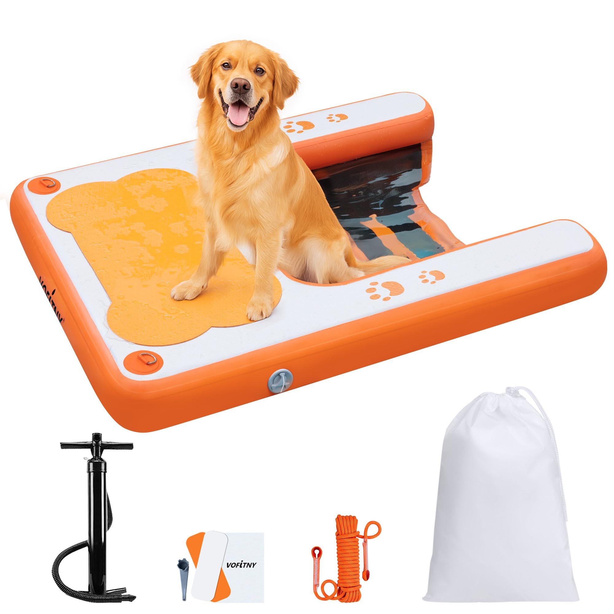 VOFiTNY Rampa da piscina per cani fino a 90,7 kg, 2025 nuove rampe per cani con cuscinetto antiscivolo in EVA e scala per pesi, gradini per cuccioli per piscina/barca/pontile/mare, dock arancione per