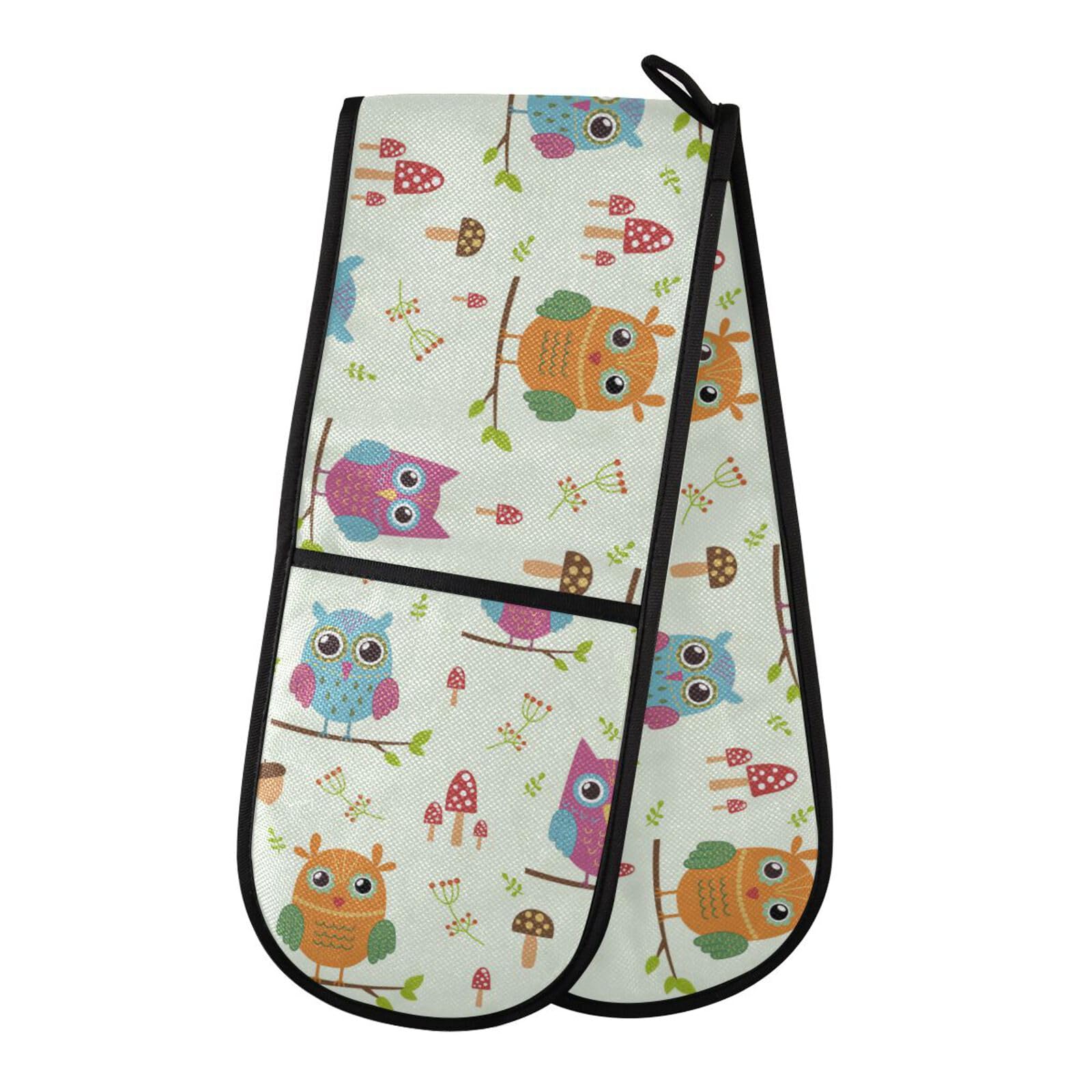 Double Oven Gloves Heat Resistant Cute Owl Mushroom Double Oven Mitts Pot Holder Heat Protection Oven Gloves for Home Kitchen Baking Cooking BBQ Microwave
