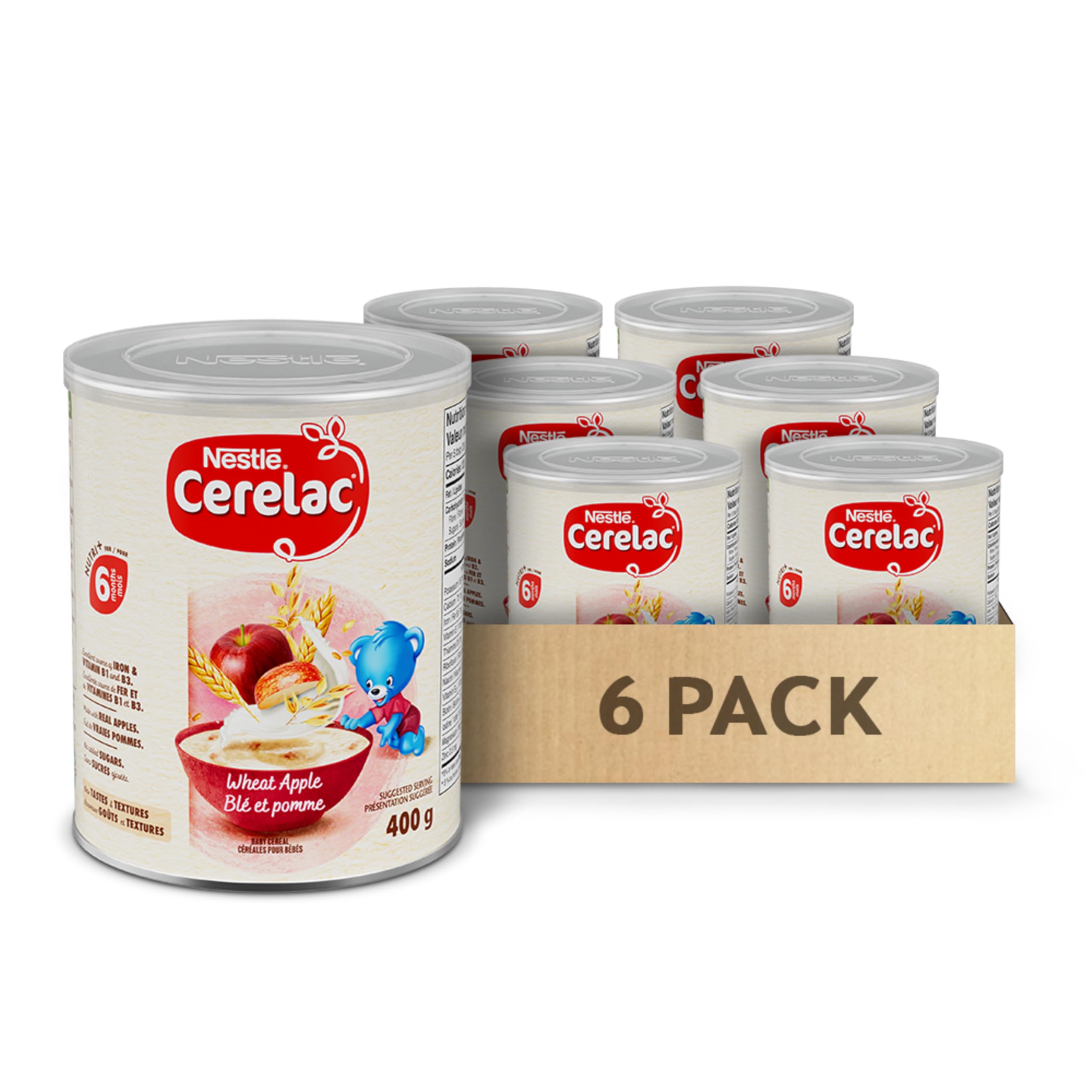 CERELAC Wheat Apple Baby Cereal, For 6 Months & Up, Source of Iron, Calcium & Vitamins B1 & B3, Made With Real Apples, No Added Sugar, Flavours or Preservatives, Halal, 6 Boxes, 2.4 kg