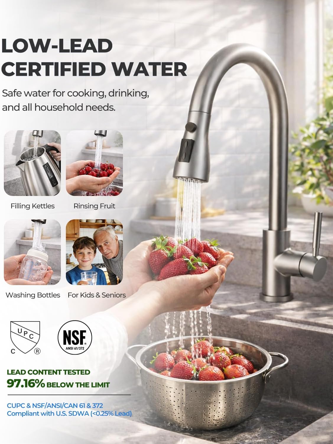 WEWE Kitchen Faucets with Pull Down Sprayer, Leak-Proof Stainless Steel Lead-Free Single Handle 1 Hole for Family Kitchen Commercial Camper Laundry Rv Bar, Brushed Nickel Bar Sink Faucet - Image 4