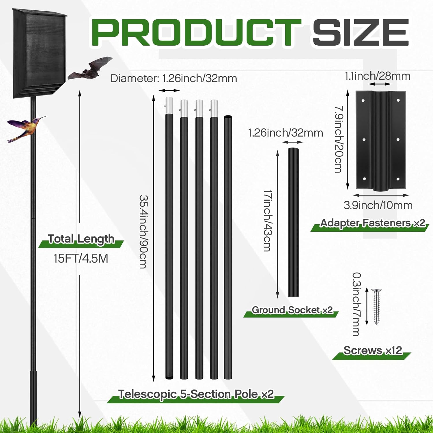 2 Pack 15FT Telescoping Bat House Poles Aluminum Adjustable Purple Martin House Pole with Ground Socket Heavy Duty 5-Section Pole Kit Bird Feeder Accessories for Outdoor Wildlife Nest