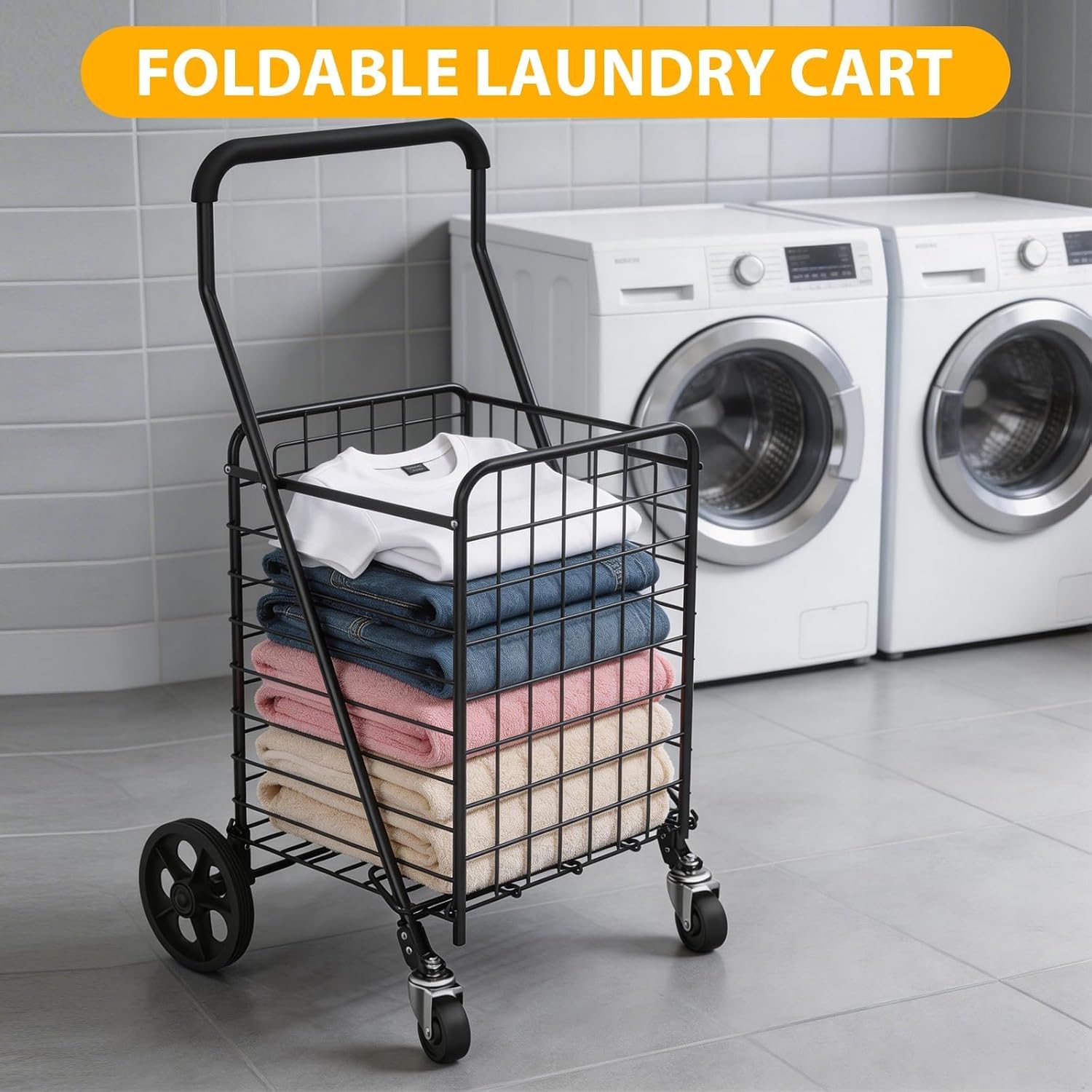 Grocery Shopping Cart with 360° Rolling Swivel Wheels Utility Cart Easily Collapsible Cart Extended Foam Cover, Trolley for Laundry,Groceries,Travel Black (Medium)