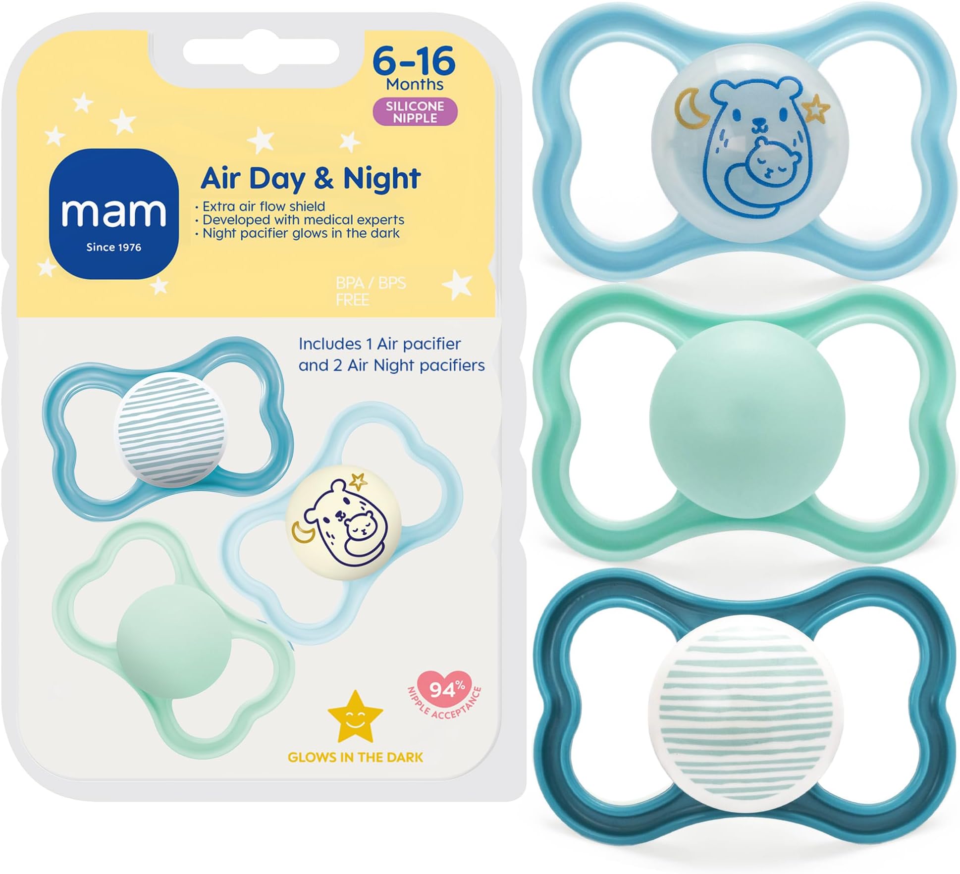 MAM Air Day & Night Baby Pacifier, for Sensitive Skin, Glows in The Dark, Boy, 6-16 Months (Pack of 3)(Packaging may vary)
