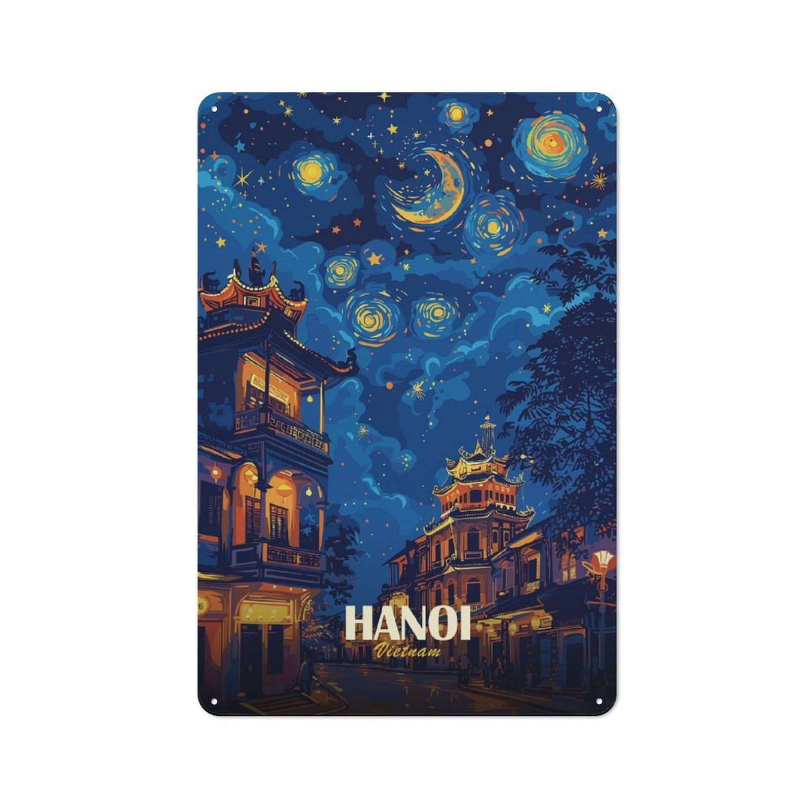 Tin Wall Sign with Hanoi, Vietnam Nightscape Art Design 30x20cm, Cosy Cafe Wall Decor for Kitchen, Cafe, Pantry Or Dining Room