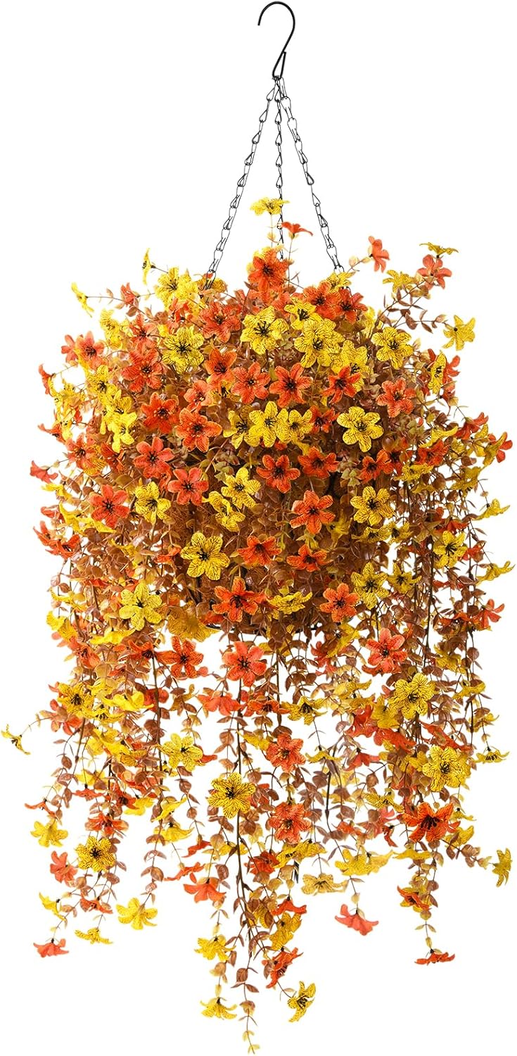 INQCMY Artificial Fake Hanging Mums Flowers Plants Basket for Fall Autumn Outdoor Decor,Faux Silk Flower in Planter UV Resistant Look Real for Home Outside Porch Garden Yard Patio Decoration C Orange Yellow