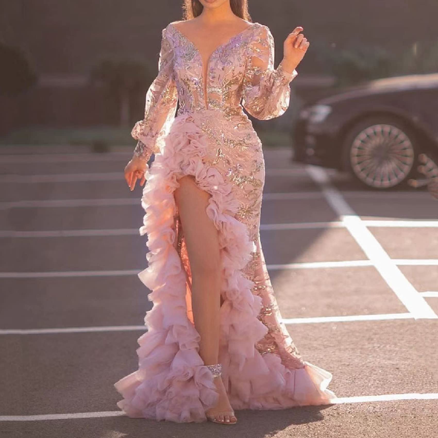 NLAVW Vestido de Noche para Mujer, Rosa, Sexy, con Escote en V Profundo, ceñido al Cuerpo, Malla con Abertura, Lentejuelas, Fiesta, graduación, Vestido Formal, Vestidos maduros