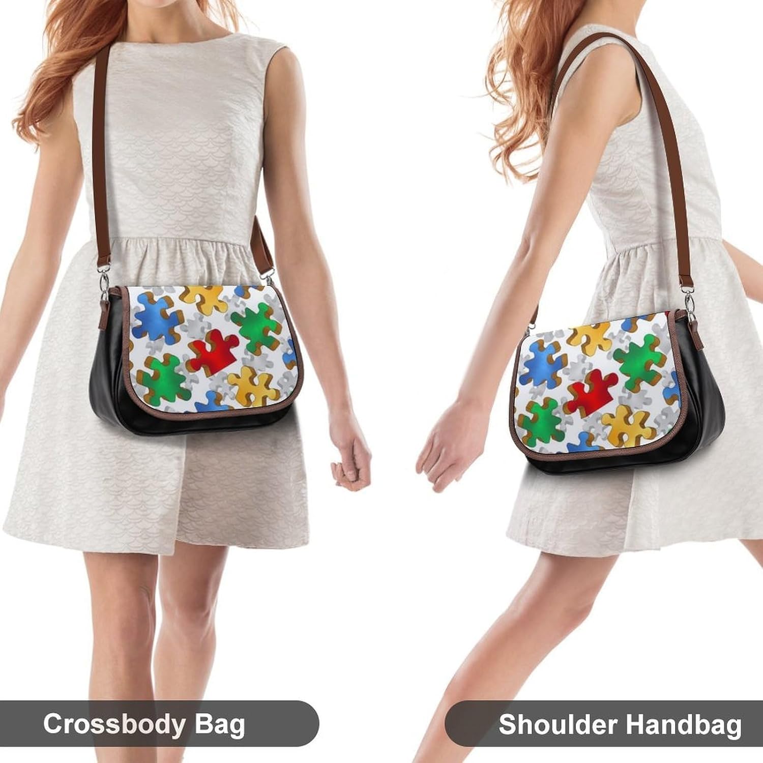Autism PuzzleWomen's Faux Leather Crossbody Bag, Waterproof Wrinkle-Resistant Shoulder Bag with Detachable Strap, Large Capacity Casual Handbag, Fashion Daily Purse for Shopping Work Dating, Ideal Gif