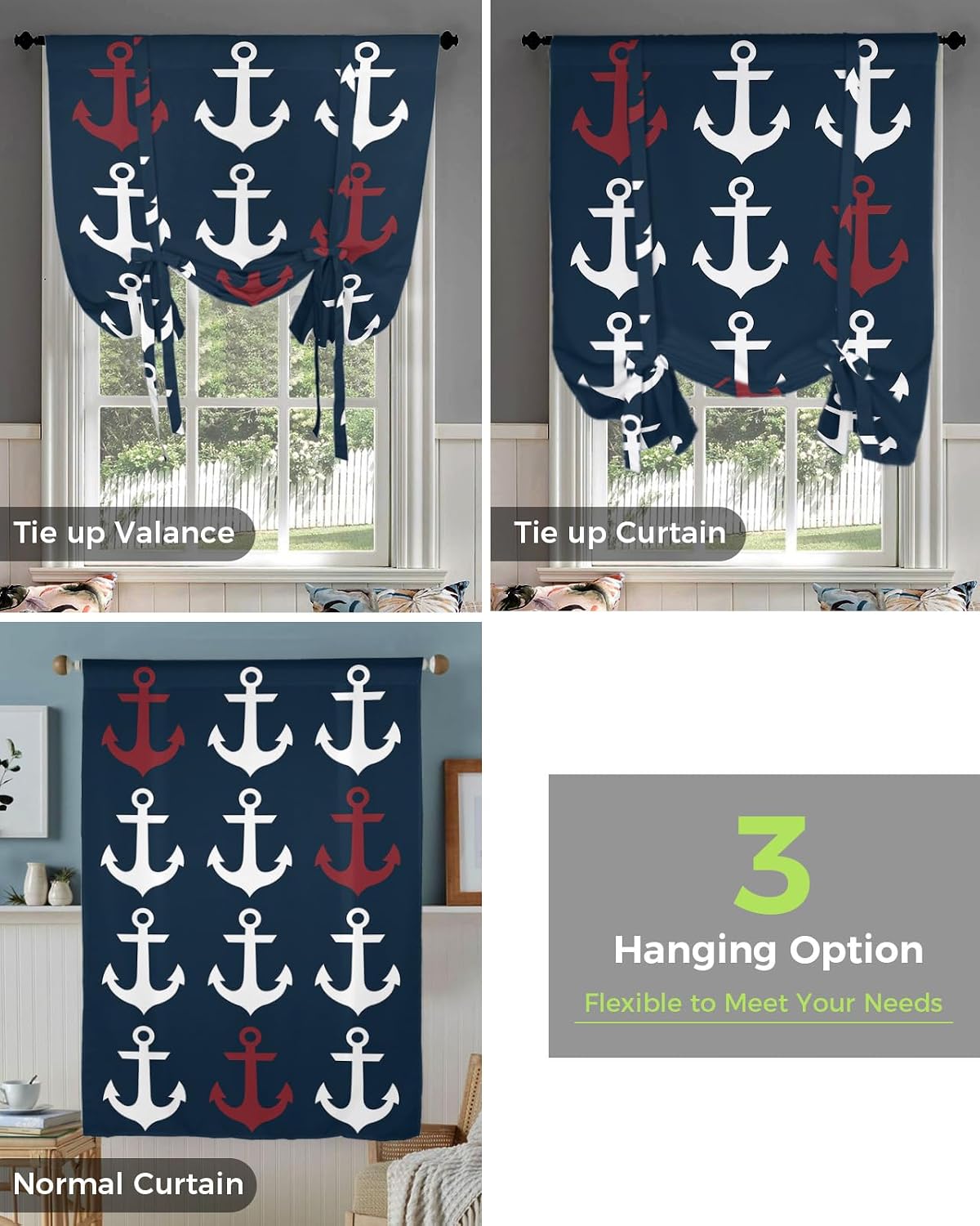 Tie Up Window Shade Curtain Nautical Anchor White Red on Navy Blue Kitchen Adjustable Balloon Curtains Shades Drape 46x63In for Living Room/Bedroom/Cafe Windows Classic Theme