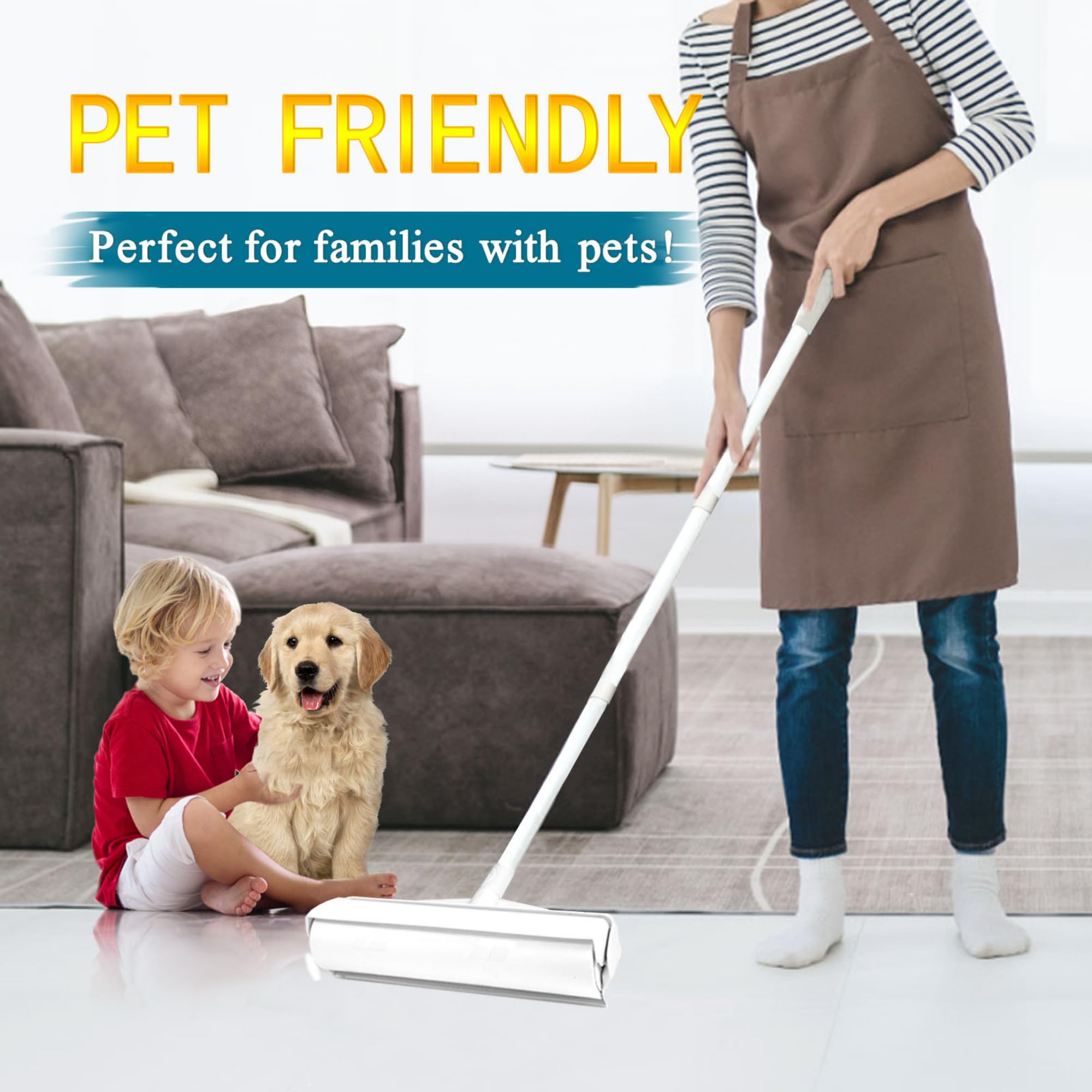 Frescares - Rodillo de pelusa de mango largo de 45 pulgadas para alfombras, removedor de pelo de mascotas de superficie grande de 9.45 pulgadas para sofá, rodillo adhesivo para recoger piezas más