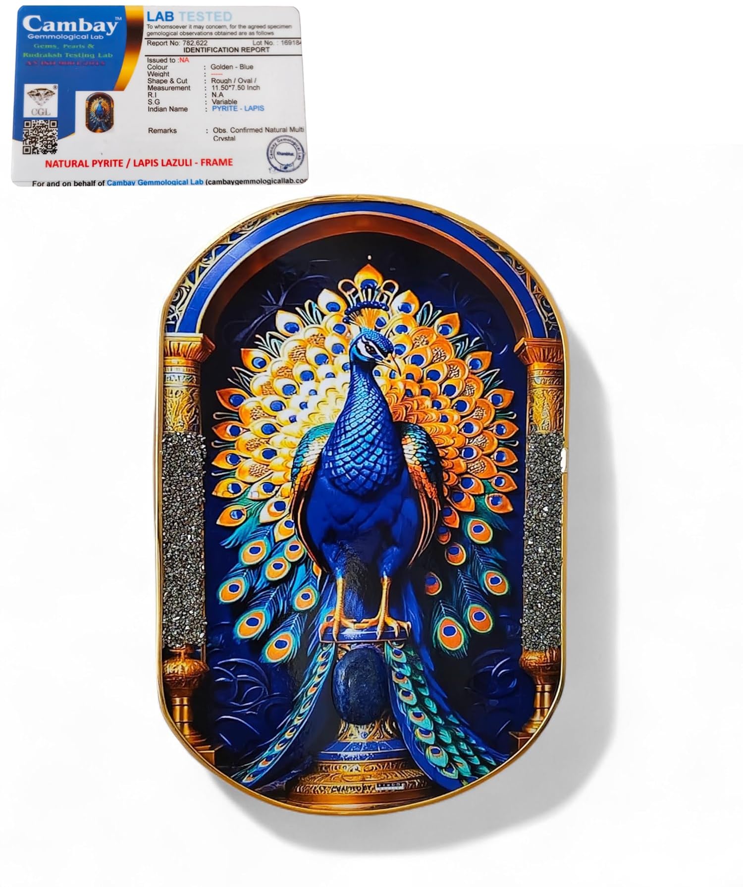 GEMTUB Pyrite–Lapis Peacock Frame | Handcrafted Decorative Crystal Art Frame for Home & Office | Luxury Wall & Table Decor | Gift for Positivity & Elegance-image-0