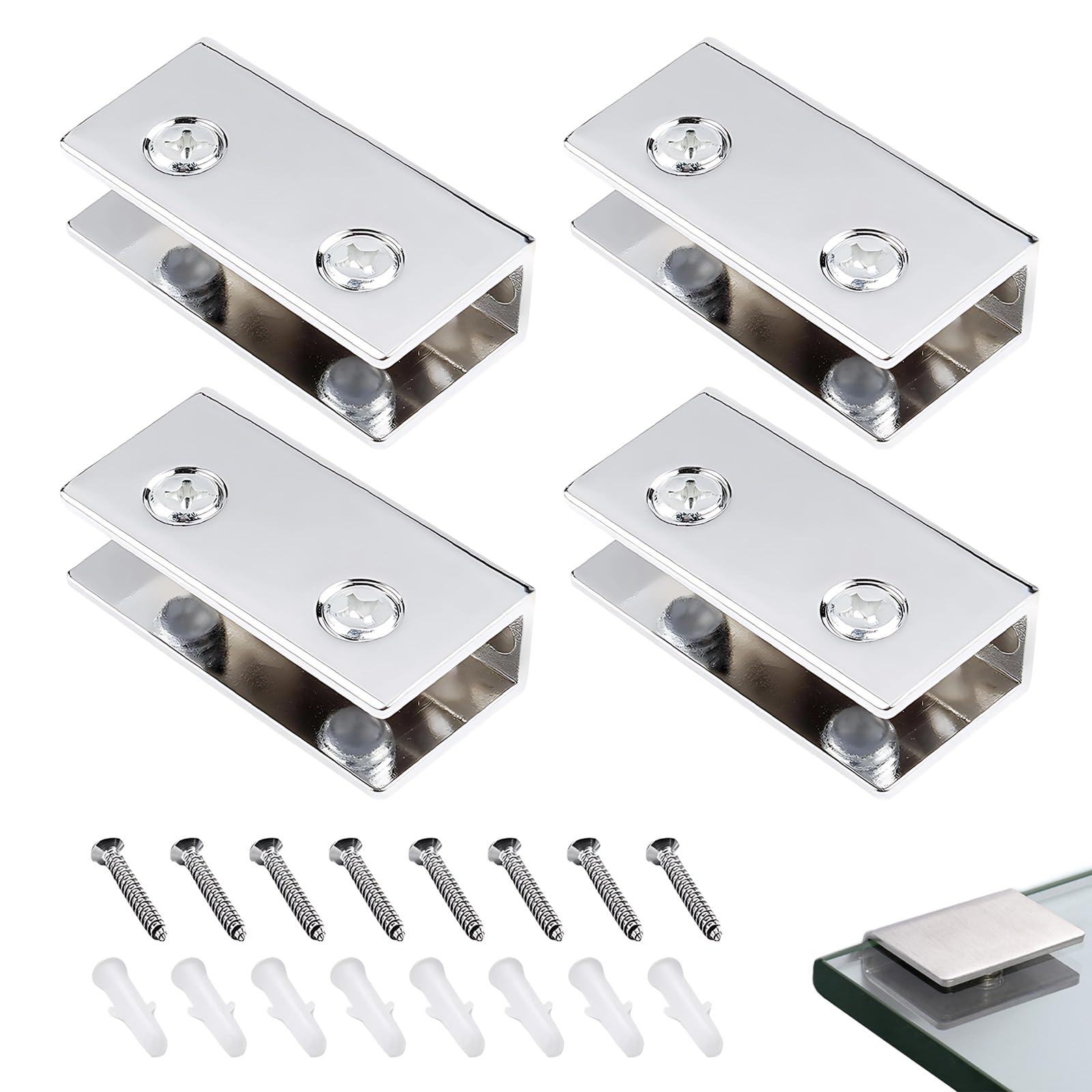Nevoluxer Glashalter Edelstahl, 4 Stück Glasregal Halterung Edelstahl, Glasklemme Spiegelhalter für 8-10 mm Dicke Glas