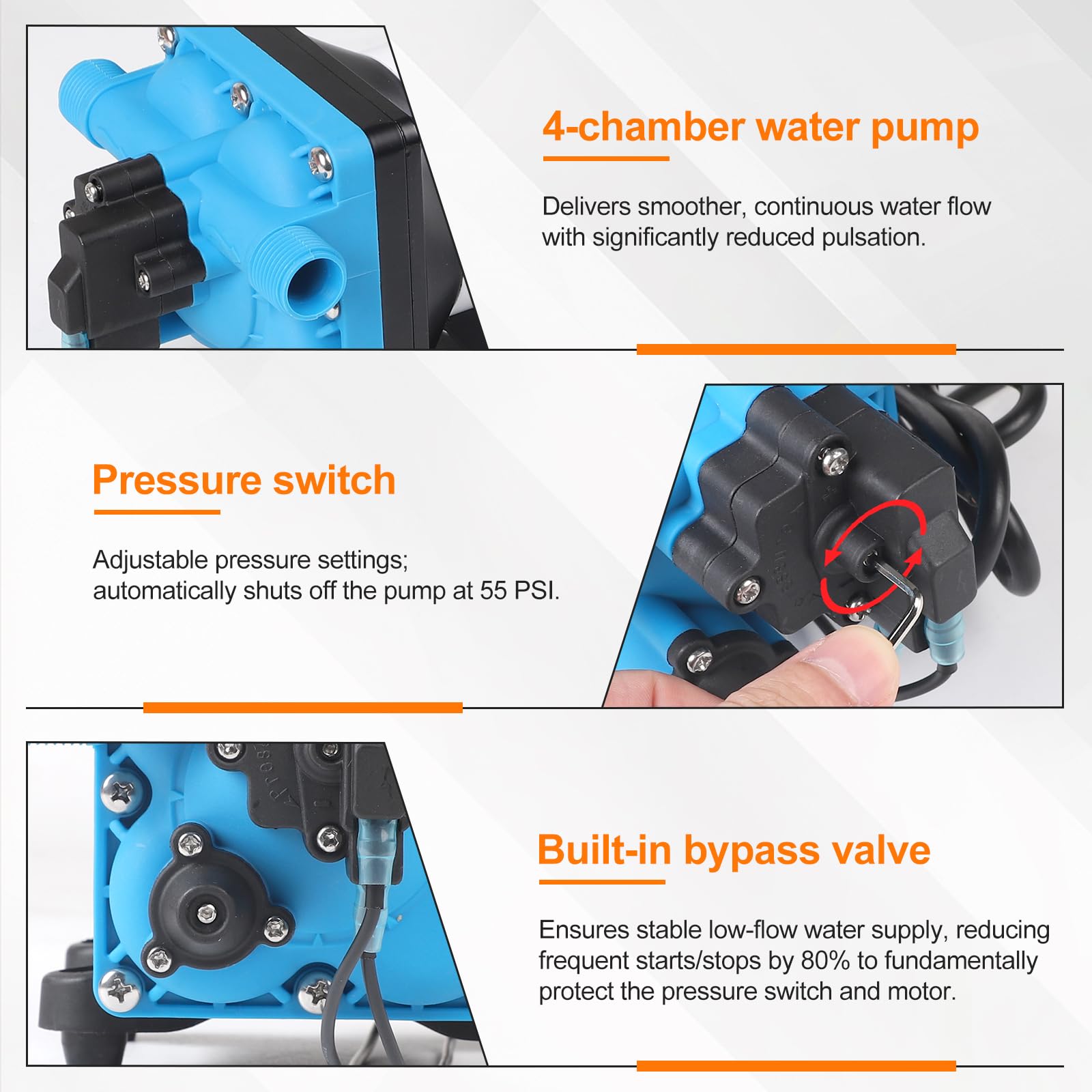 CPROSP Bomba de Agua 12v, 11,3L/min 49,2W, Bomba de Membrana Autocebante para Autocaravana, Bomba de Diafragma con Interruptor de Presión, 3,8Bar (55Psi), para Caravanas, Autocaravanas, Barcos