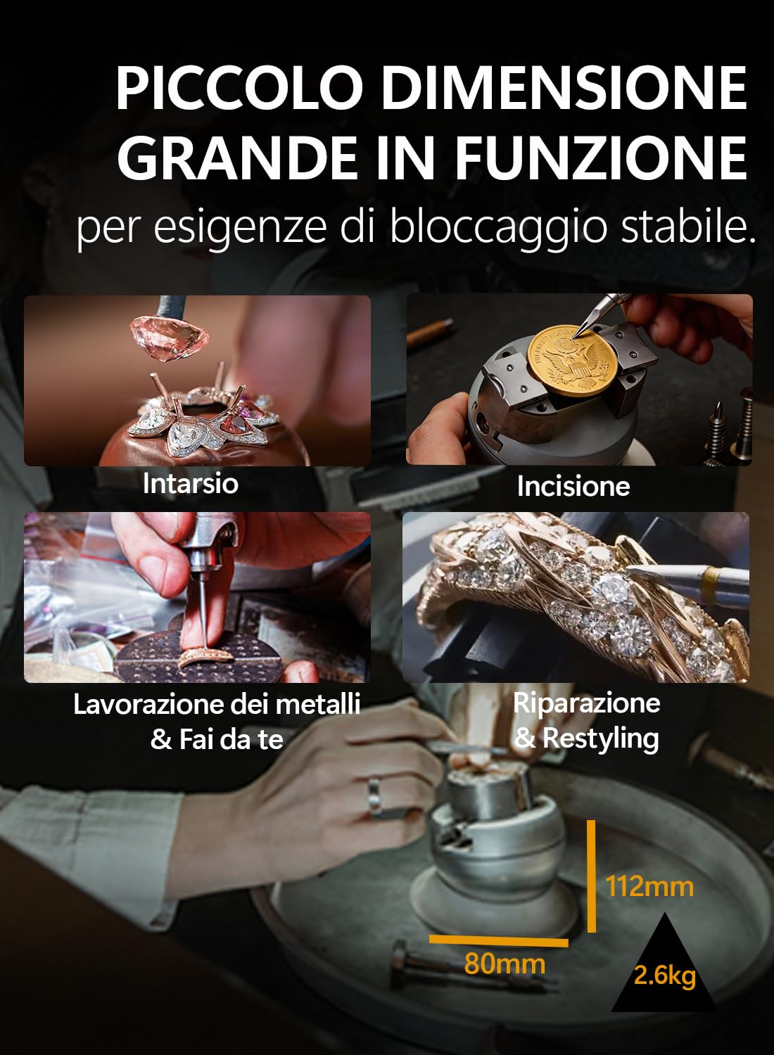 Morsa a sfera per gioielli, strumento per incisione da 5,5 cm, rotante a 360°, strumento professionale per impostazione gioielli, morsa a sfera, set completo di utensili manuali standard con 72