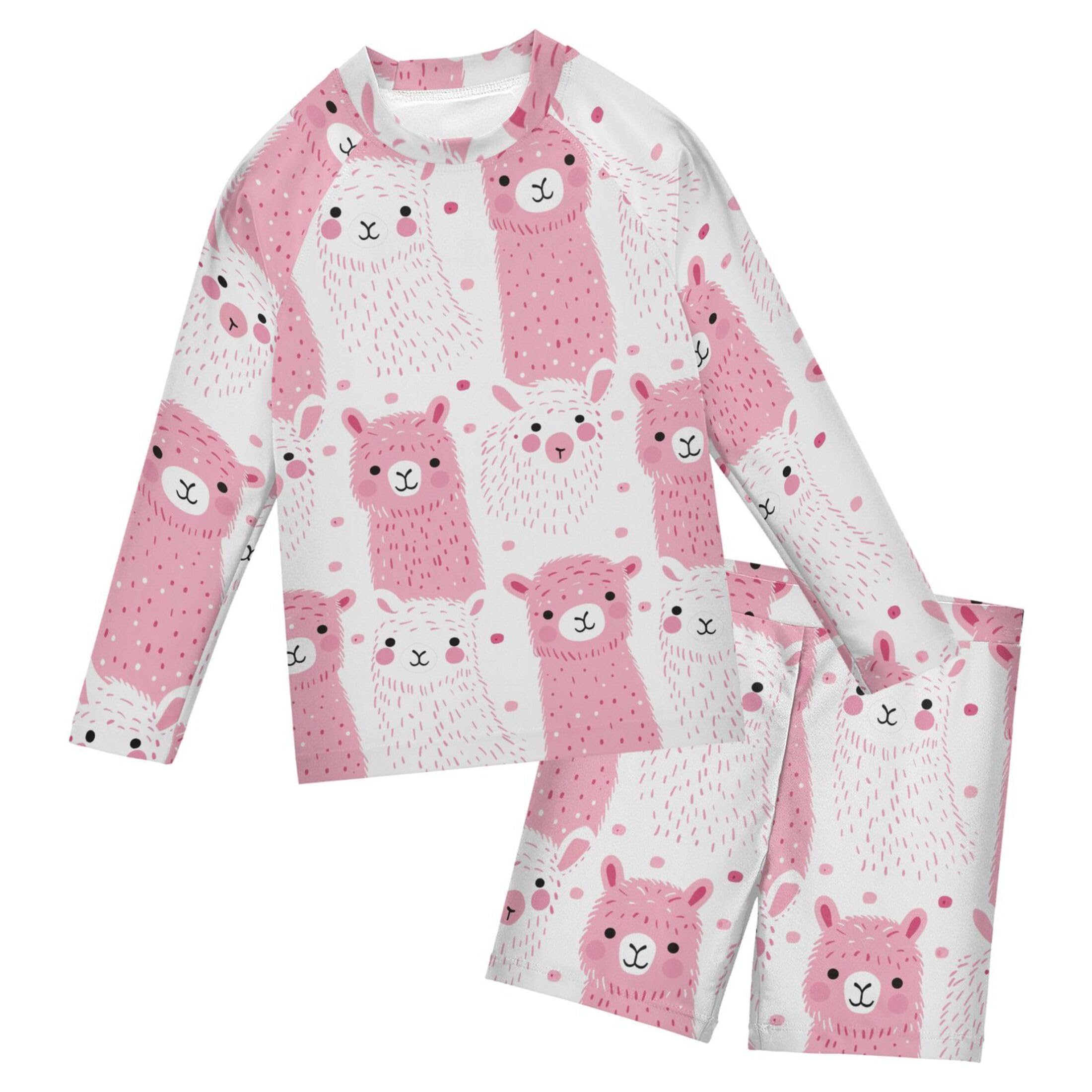 Alpaca Pink Cute Boys Rash Guard Swimsuits Set for Boys Long Sleeve Swim Shirts Bathing Suits with Trunks B0403577