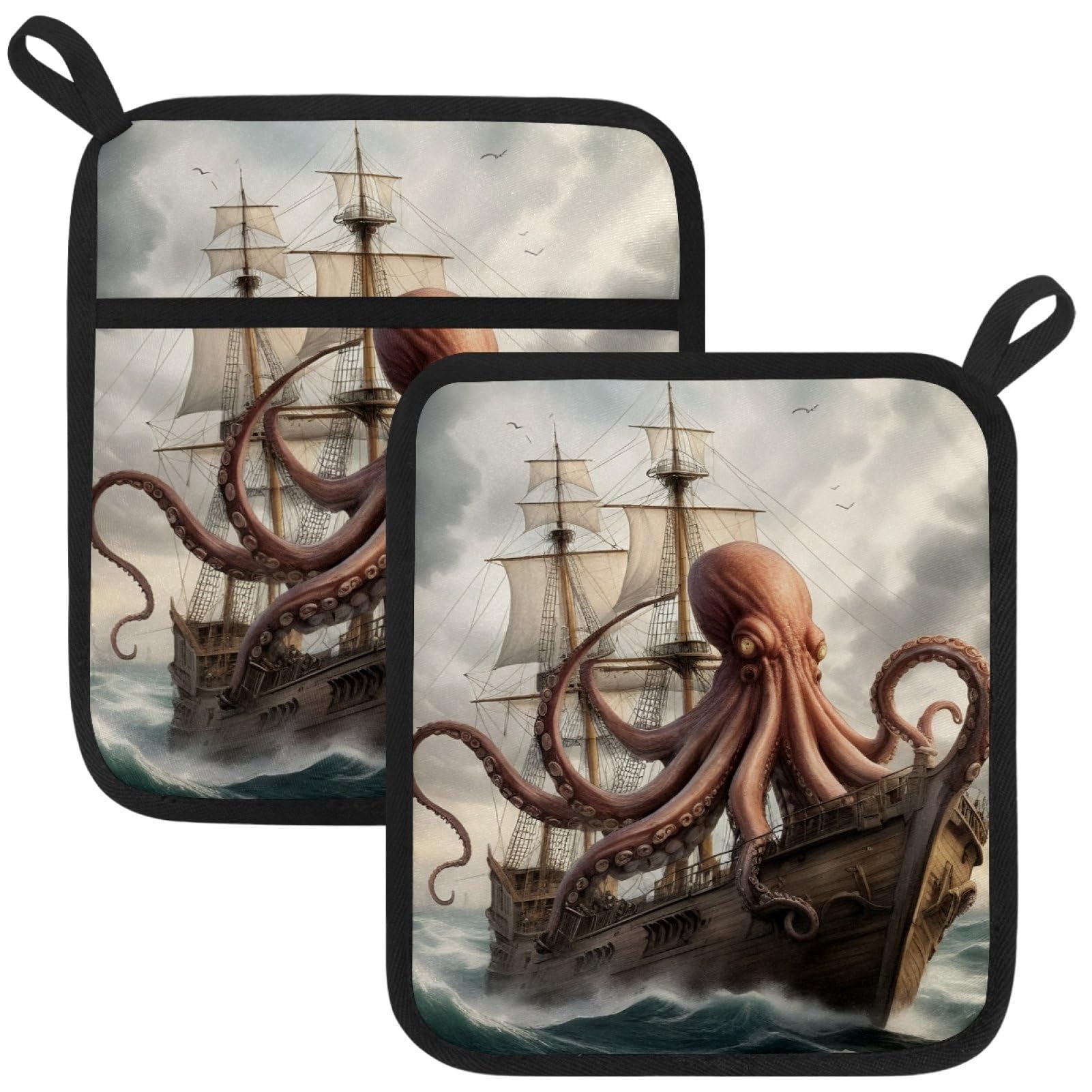 VAPOKF Octopus Sailboat Pot Holders with Pocket for Kitchen Heat Resistant Potholders Large Polyester-Cotton Square Oven Mitts Set
